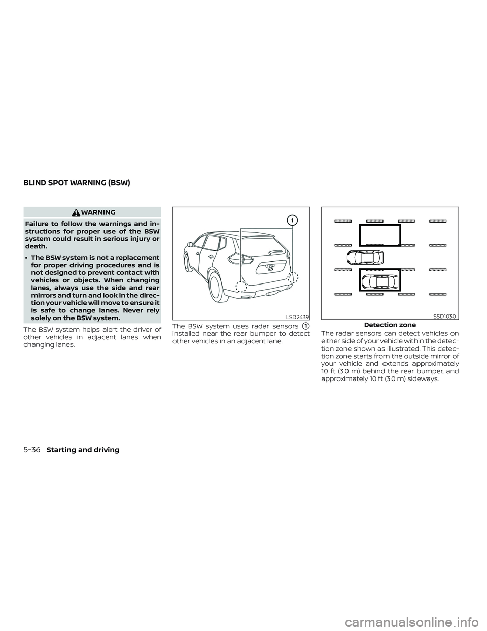 NISSAN ROGUE HYBRID 2018  Owners Manual WARNING
Failure to follow the warnings and in-
structions for proper use of the BSW
system could result in serious injury or
death.
∙ The BSW system is not a replacementfor proper driving procedures