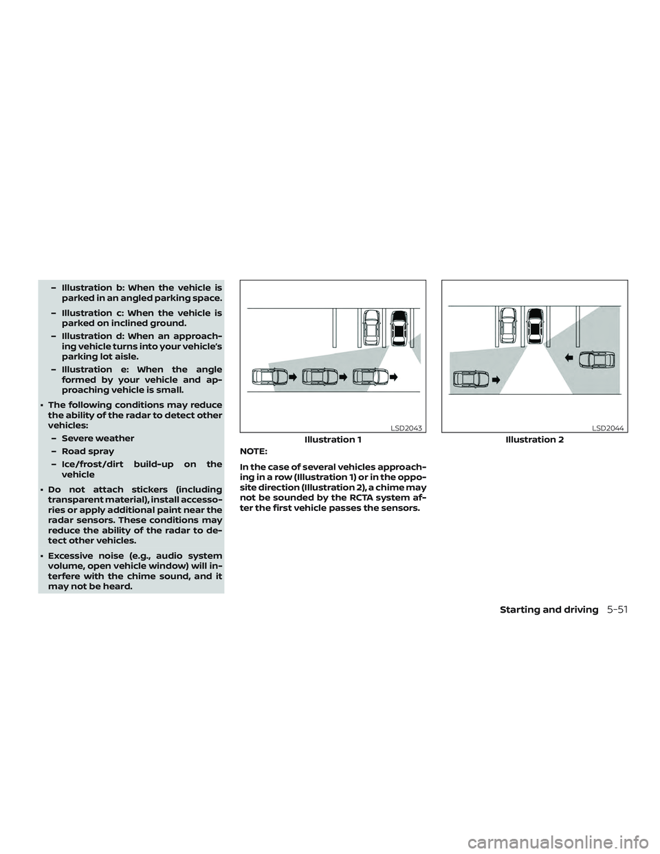 NISSAN ROGUE HYBRID 2018  Owners Manual – Illustration b: When the vehicle isparked in an angled parking space.
– Illustration c: When the vehicle is parked on inclined ground.
– Illustration d: When an approach- ing vehicle turns int