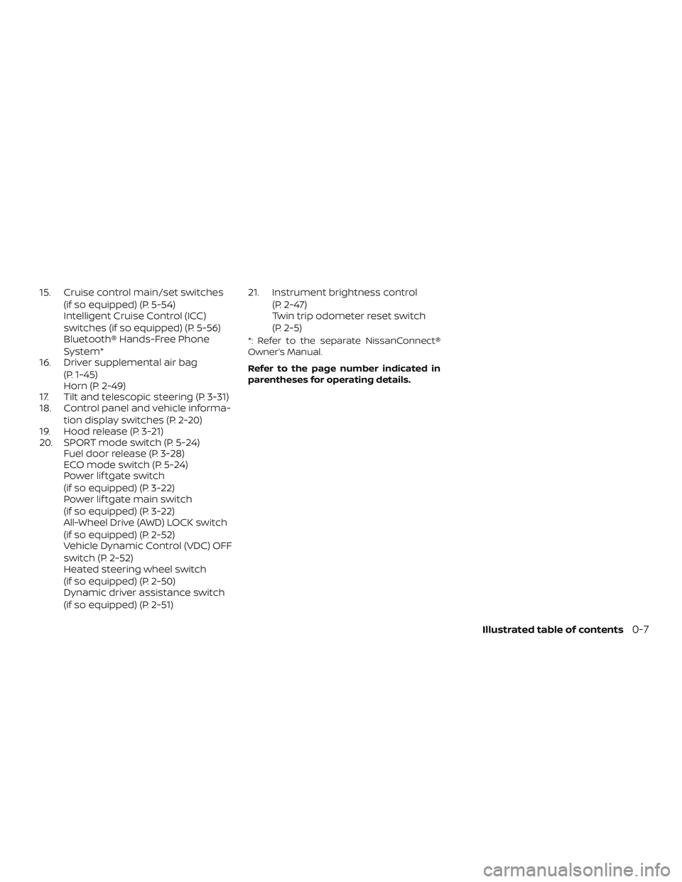 NISSAN ROGUE HYBRID 2018  Owners Manual 15. Cruise control main/set switches(if so equipped) (P. 5-54)
Intelligent Cruise Control (ICC)
switches (if so equipped) (P. 5-56)
Bluetooth® Hands-Free Phone
System*
16. Driver supplemental air bag