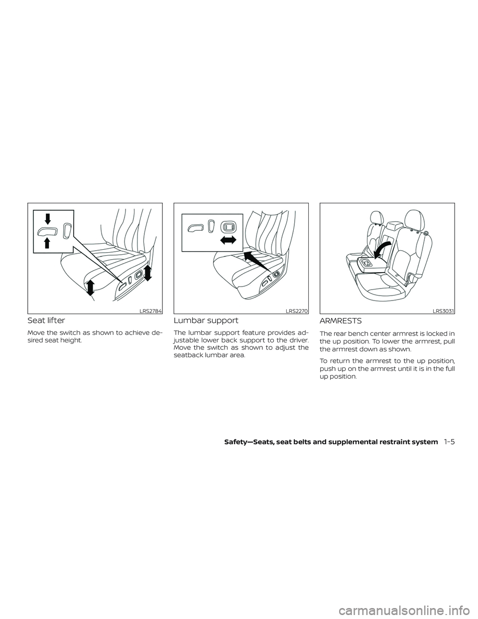 NISSAN ROGUE HYBRID 2018 Owners Guide Seat lif ter
Move the switch as shown to achieve de-
sired seat height.
Lumbar support
The lumbar support feature provides ad-
justable lower back support to the driver.
Move the switch as shown to ad