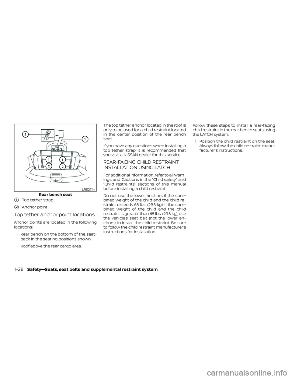 NISSAN ROGUE HYBRID 2018 Repair Manual 1Top tether strap
2Anchor point
Top tether anchor point locations
Anchor points are located in the following
locations:∙ Rear bench on the bottom of the seat- back in the seating positions shown.
