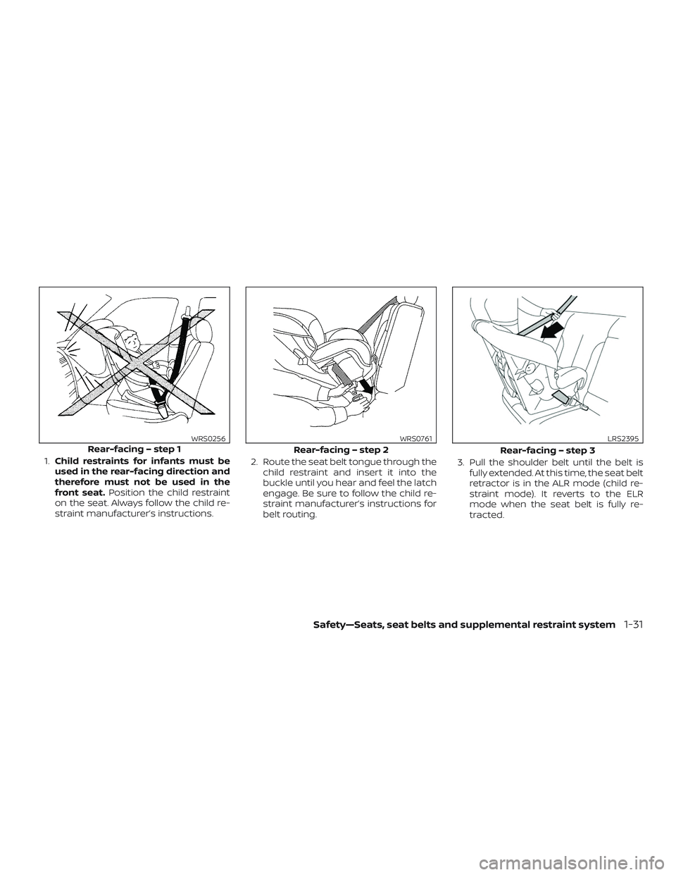 NISSAN ROGUE HYBRID 2018 Repair Manual 1.Child restraints for infants must be
used in the rear-facing direction and
therefore must not be used in the
front seat. Position the child restraint
on the seat. Always follow the child re-
straint