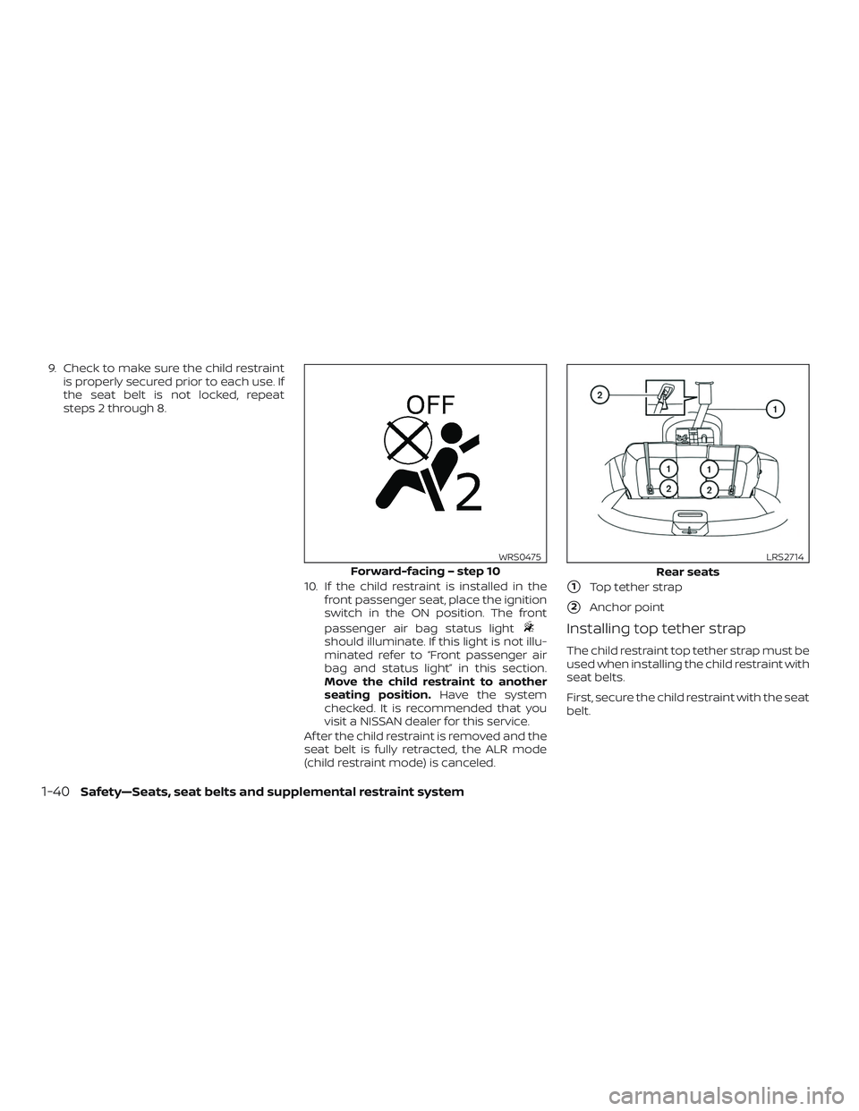 NISSAN ROGUE HYBRID 2018 Manual PDF 9. Check to make sure the child restraintis properly secured prior to each use. If
the seat belt is not locked, repeat
steps 2 through 8.
10. If the child restraint is installed in thefront passenger NISSAN ROGUE HYBRID 2018 Manual PDF 9. Check to make sure the child restraintis properly secured prior to each use. If
the seat belt is not locked, repeat
steps 2 through 8.
10. If the child restraint is installed in thefront passenger