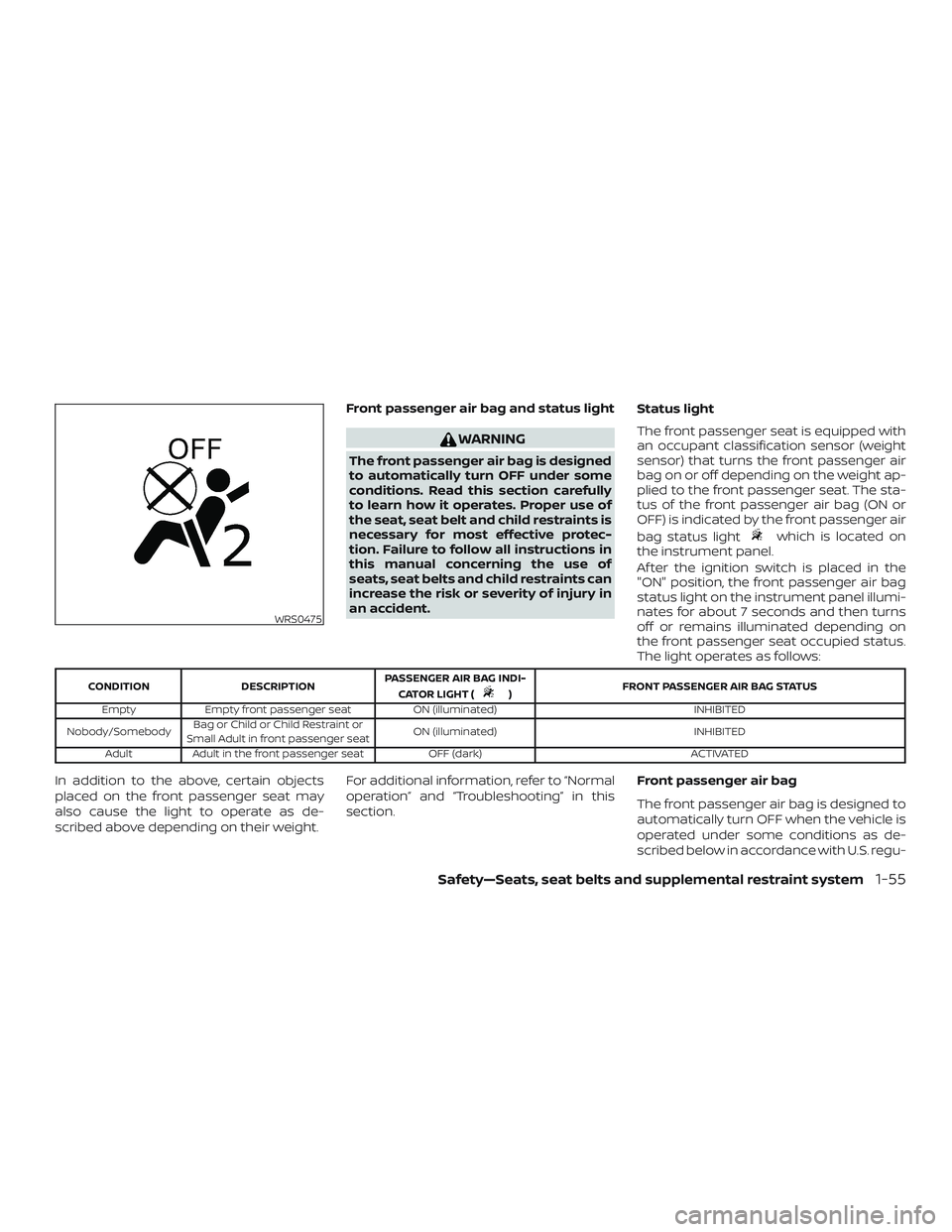 NISSAN ROGUE HYBRID 2018 Manual Online Front passenger air bag and status light
WARNING
The front passenger air bag is designed
to automatically turn OFF under some
conditions. Read this section carefully
to learn how it operates. Proper u NISSAN ROGUE HYBRID 2018 Manual Online Front passenger air bag and status light
WARNING
The front passenger air bag is designed
to automatically turn OFF under some
conditions. Read this section carefully
to learn how it operates. Proper u