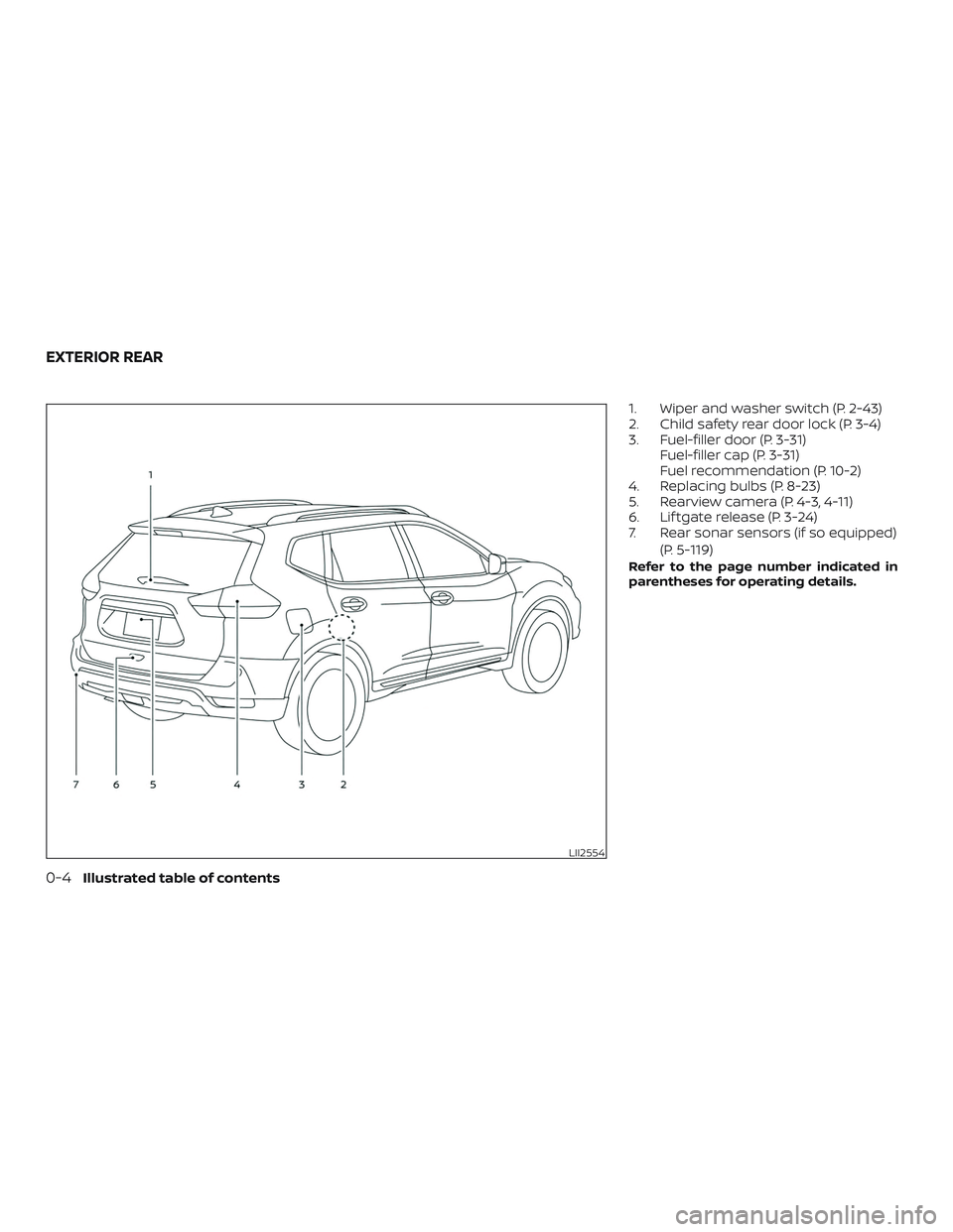 NISSAN ROGUE HYBRID 2019 Owners Manual 1. Wiper and washer switch (P. 2-43)
2. Child safety rear door lock (P. 3-4)
3. Fuel-filler door (P. 3-31)Fuel-filler cap (P. 3-31)
Fuel recommendation (P. 10-2)
4. Replacing bulbs (P. 8-23)
5. Rearvi