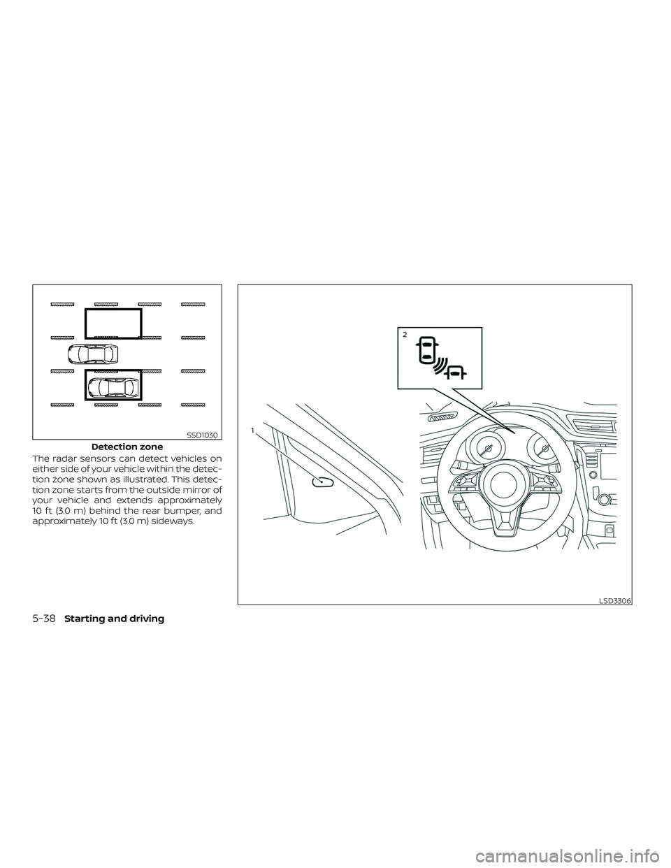 NISSAN ROGUE HYBRID 2019  Owners Manual The radar sensors can detect vehicles on
either side of your vehicle within the detec-
tion zone shown as illustrated. This detec-
tion zone starts from the outside mirror of
your vehicle and extends 
