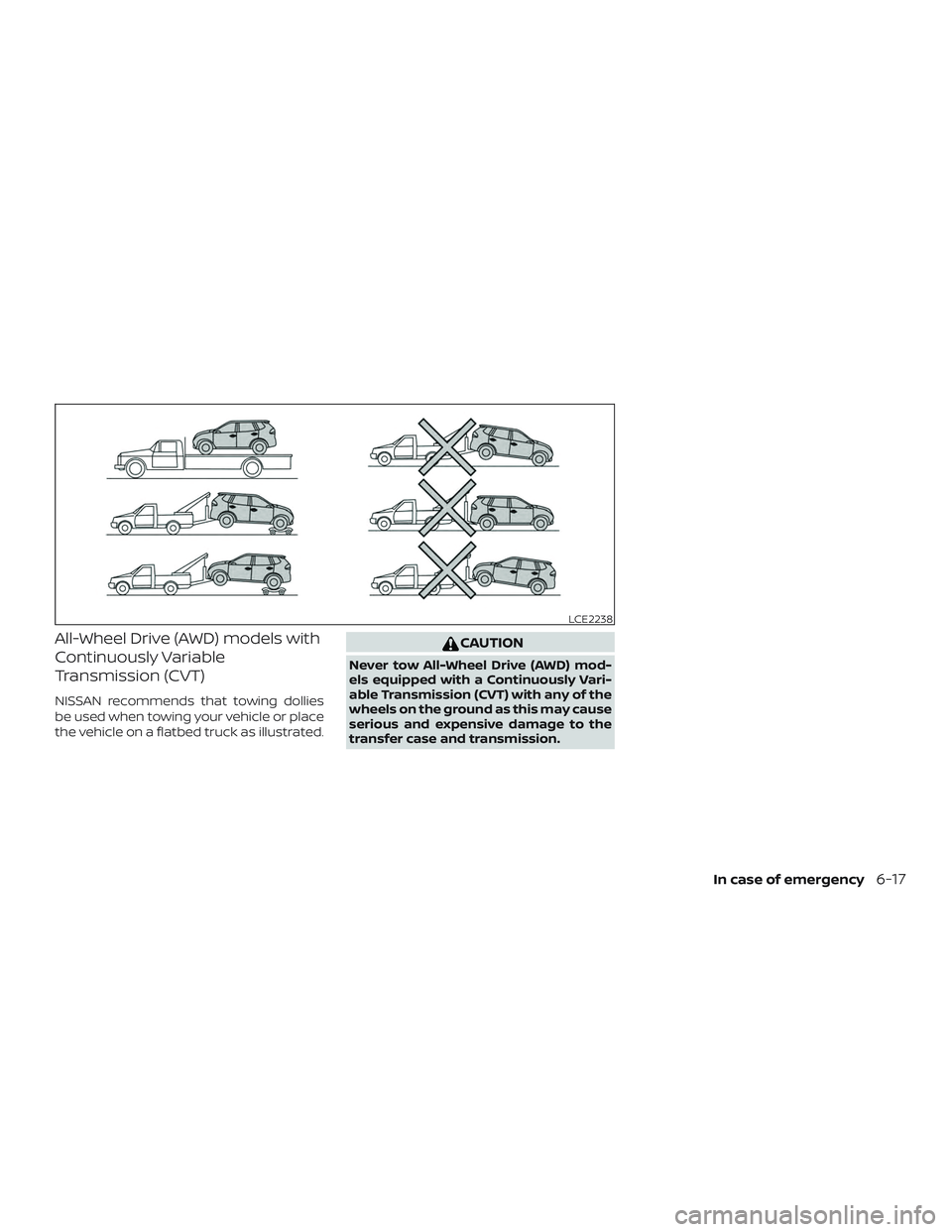 NISSAN ROGUE HYBRID 2019  Owners Manual All-Wheel Drive (AWD) models with
Continuously Variable
Transmission (CVT)
NISSAN recommends that towing dollies
be used when towing your vehicle or place
the vehicle on a flatbed truck as illustrated