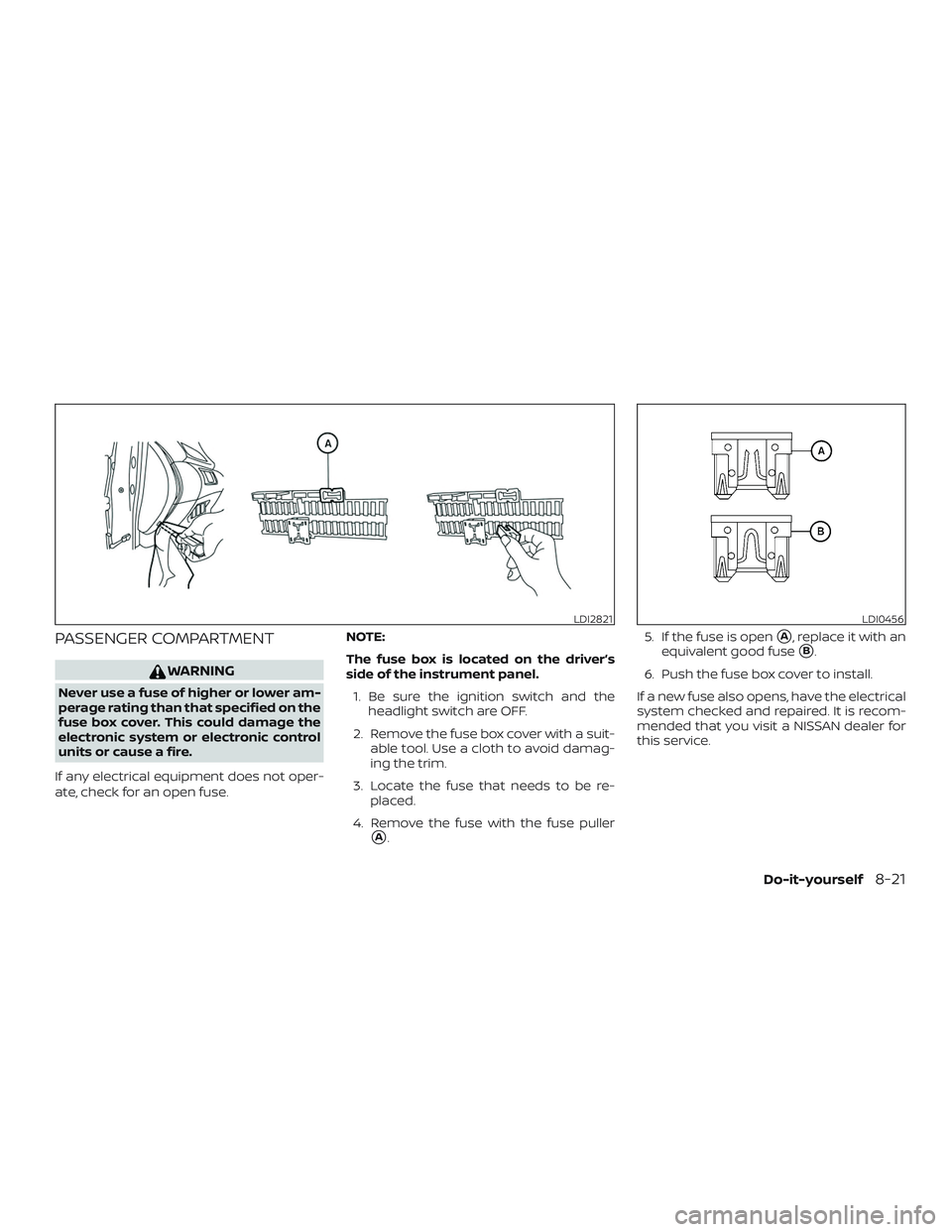 NISSAN ROGUE HYBRID 2019  Owners Manual PASSENGER COMPARTMENT
WARNING
Never use a fuse of higher or lower am-
perage rating than that specified on the
fuse box cover. This could damage the
electronic system or electronic control
units or ca