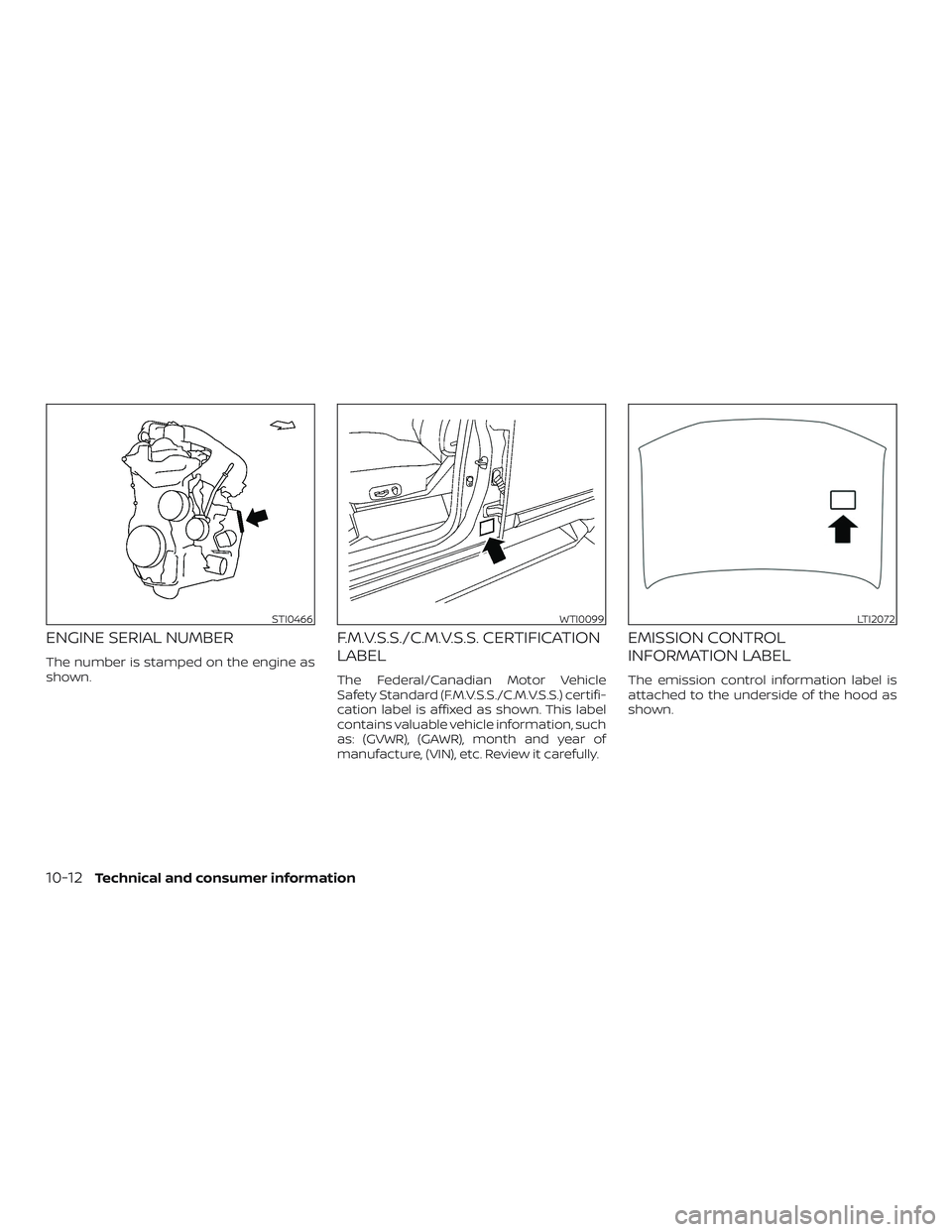 NISSAN ROGUE HYBRID 2019 Owners Manual ENGINE SERIAL NUMBER
The number is stamped on the engine as
shown.
F.M.V.S.S./C.M.V.S.S. CERTIFICATION
LABEL
The Federal/Canadian Motor Vehicle
Safety Standard (F.M.V.S.S./C.M.V.S.S.) certifi-
cation NISSAN ROGUE HYBRID 2019 Owners Manual ENGINE SERIAL NUMBER
The number is stamped on the engine as
shown.
F.M.V.S.S./C.M.V.S.S. CERTIFICATION
LABEL
The Federal/Canadian Motor Vehicle
Safety Standard (F.M.V.S.S./C.M.V.S.S.) certifi-
cation