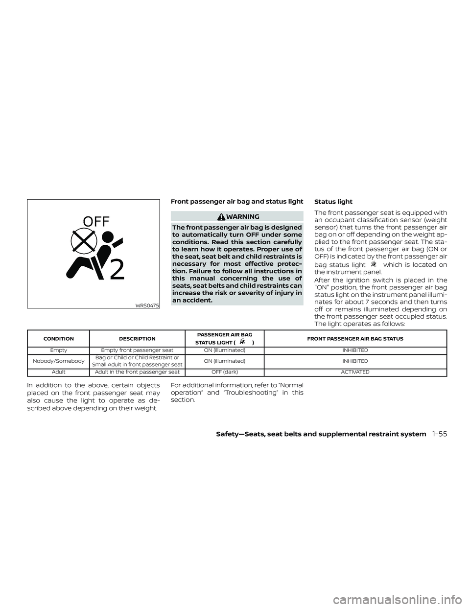 NISSAN ROGUE HYBRID 2019 Owners Manual Front passenger air bag and status light
WARNING
The front passenger air bag is designed
to automatically turn OFF under some
conditions. Read this section carefully
to learn how it operates. Proper u NISSAN ROGUE HYBRID 2019 Owners Manual Front passenger air bag and status light
WARNING
The front passenger air bag is designed
to automatically turn OFF under some
conditions. Read this section carefully
to learn how it operates. Proper u