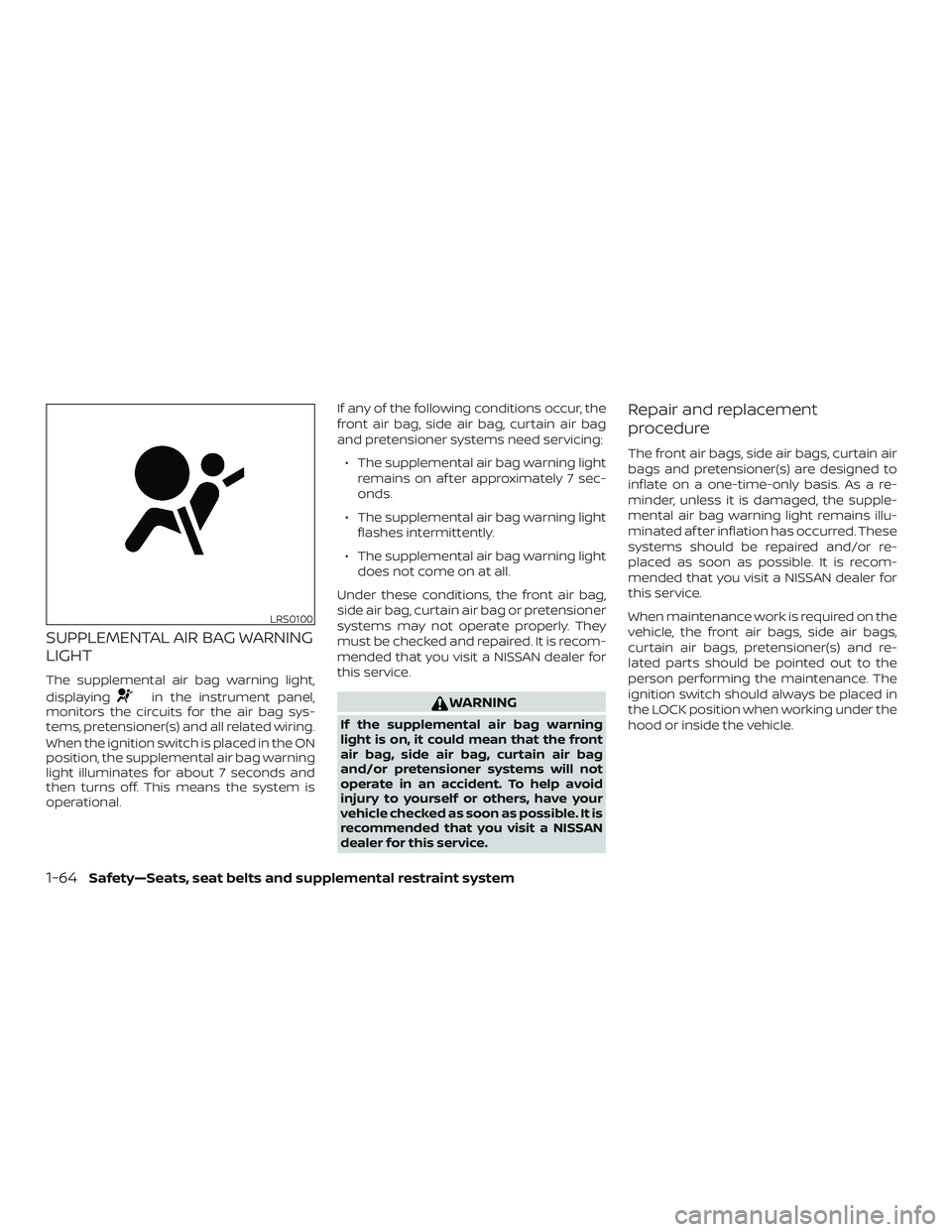 NISSAN ROGUE HYBRID 2019 Owners Manual SUPPLEMENTAL AIR BAG WARNING
LIGHT
The supplemental air bag warning light,
displaying
in the instrument panel,
monitors the circuits for the air bag sys-
tems, pretensioner(s) and all related wiring.
NISSAN ROGUE HYBRID 2019 Owners Manual SUPPLEMENTAL AIR BAG WARNING
LIGHT
The supplemental air bag warning light,
displaying
in the instrument panel,
monitors the circuits for the air bag sys-
tems, pretensioner(s) and all related wiring.