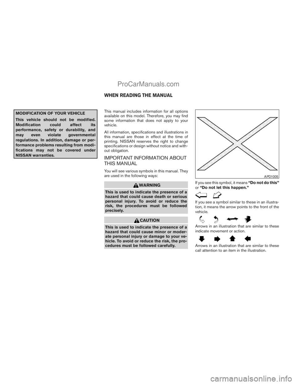 NISSAN TITAN 2008 Owners Manual MODIFICATION OF YOUR VEHICLE
This vehicle should not be modified.
Modification could affect its
performance, safety or durability, and
may even violate governmental
regulations. In addition, damage or NISSAN TITAN 2008 Owners Manual MODIFICATION OF YOUR VEHICLE
This vehicle should not be modified.
Modification could affect its
performance, safety or durability, and
may even violate governmental
regulations. In addition, damage or