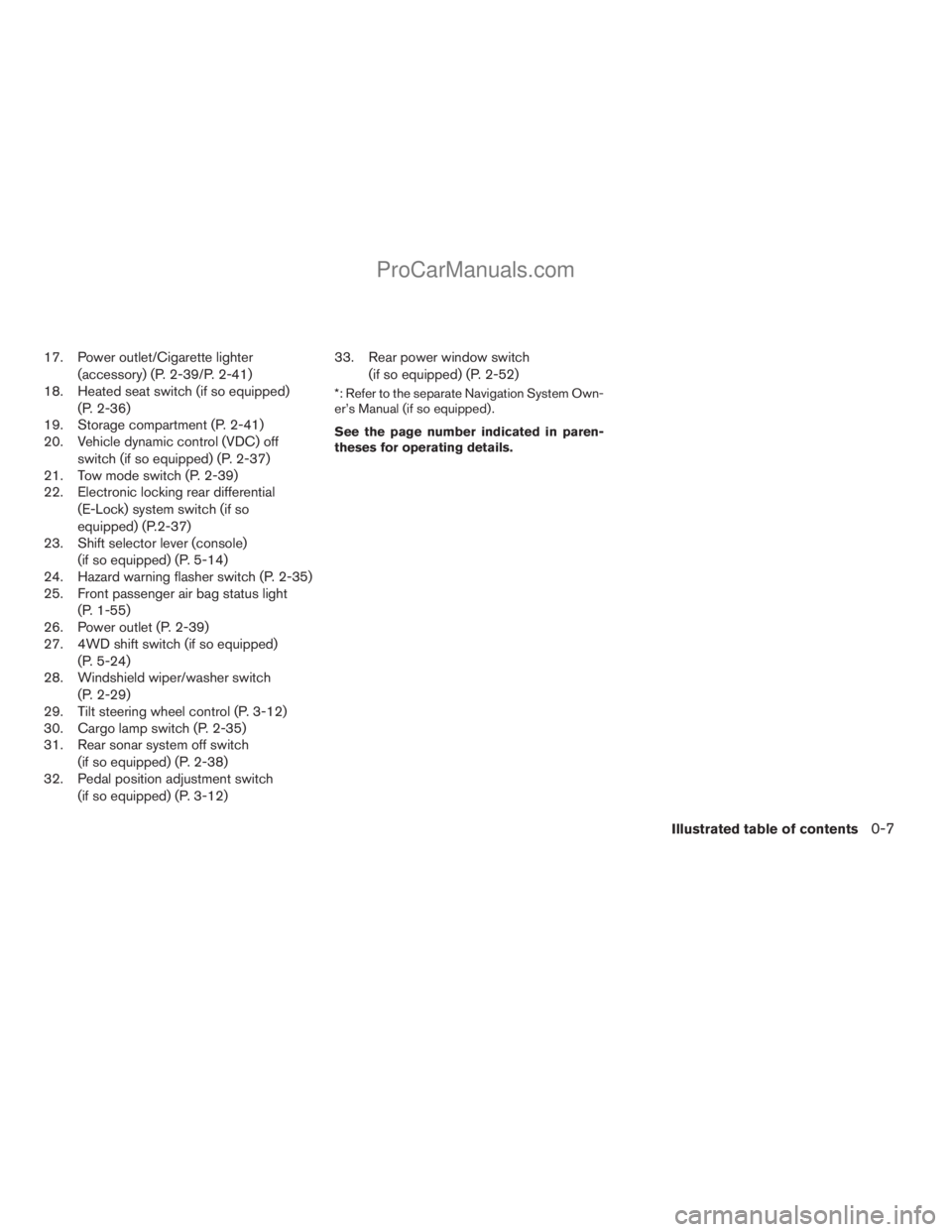 NISSAN TITAN 2008  Owners Manual 17. Power outlet/Cigarette lighter
(accessory) (P. 2-39/P. 2-41)
18. Heated seat switch (if so equipped)
(P. 2-36)
19. Storage compartment (P. 2-41)
20. Vehicle dynamic control (VDC) off
switch (if so