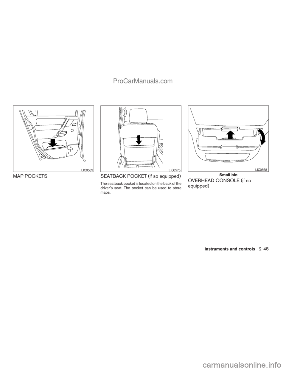 NISSAN TITAN 2008  Owners Manual MAP POCKETS SEATBACK POCKET (if so equipped)
The seatback pocket is located on the back of the
driver’s seat. The pocket can be used to store
maps.OVERHEAD CONSOLE (if so
equipped)
LIC0589LIC0575
Sm