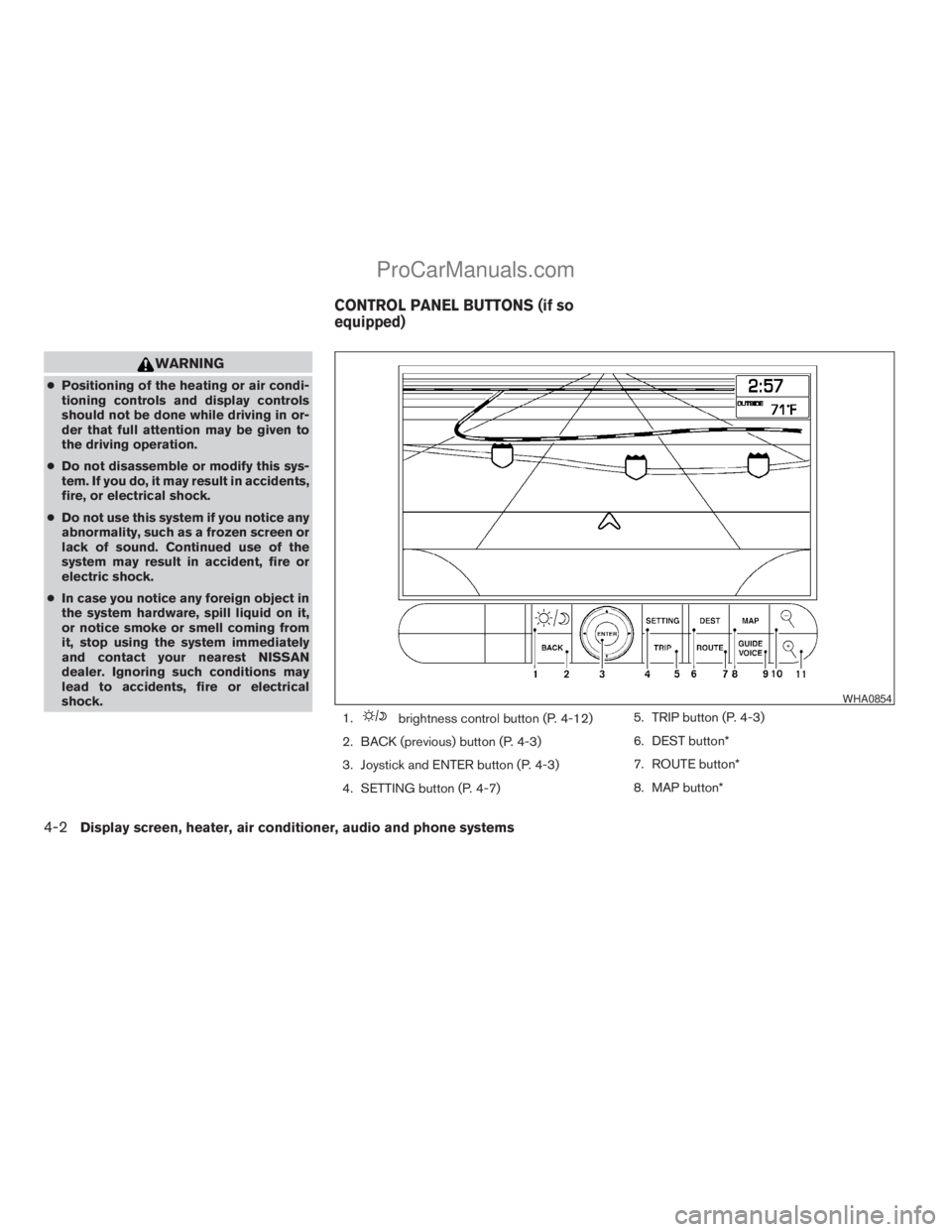 NISSAN TITAN 2008  Owners Manual WARNING
cPositioning of the heating or air condi-
tioning controls and display controls
should not be done while driving in or-
der that full attention may be given to
the driving operation.
cDo not d