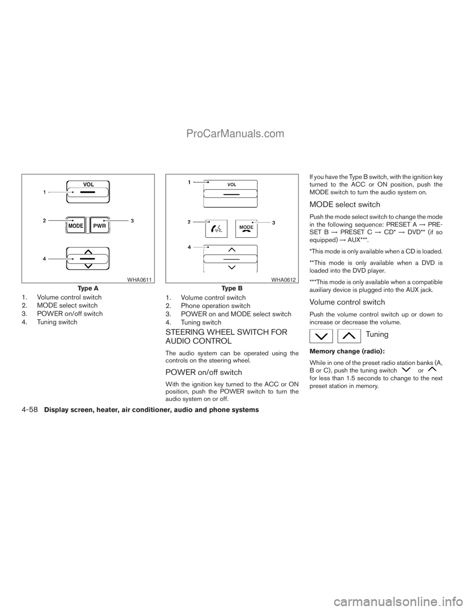 NISSAN TITAN 2008  Owners Manual 1. Volume control switch
2. MODE select switch
3. POWER on/off switch
4. Tuning switch1. Volume control switch
2. Phone operation switch
3. POWER on and MODE select switch
4. Tuning switch
STEERING WH