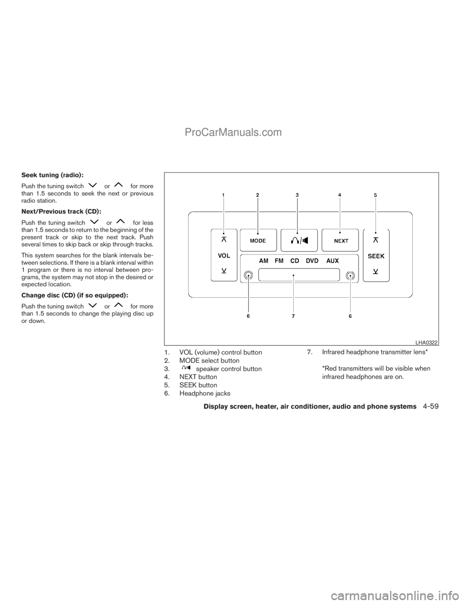 NISSAN TITAN 2008  Owners Manual Seek tuning (radio):
Push the tuning switch
orfor more
than 1.5 seconds to seek the next or previous
radio station.
Next/Previous track (CD):
Push the tuning switch
orfor less
than 1.5 seconds to retu