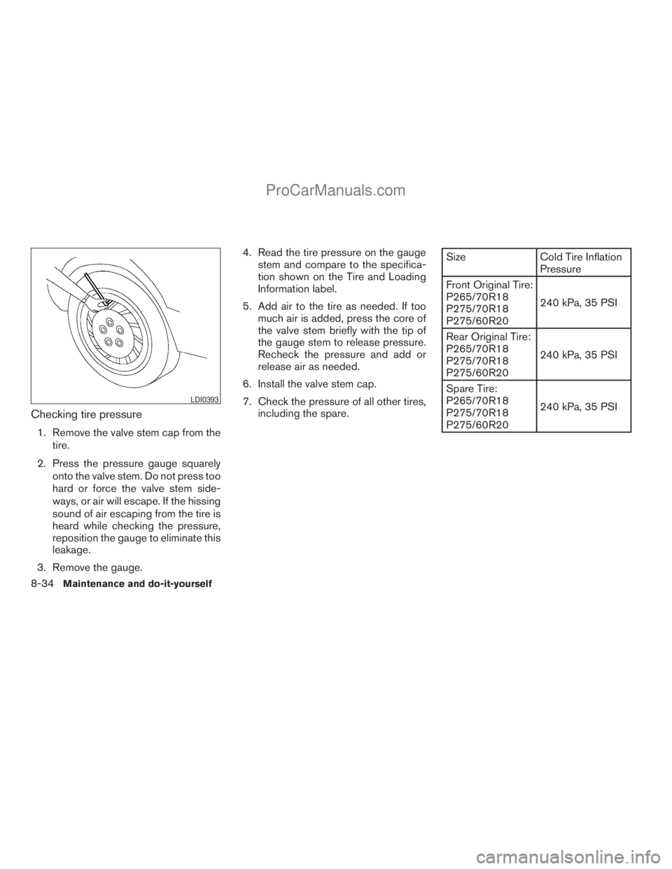 NISSAN TITAN 2008  Owners Manual Checking tire pressure
1. Remove the valve stem cap from the
tire.
2. Press the pressure gauge squarely
onto the valve stem. Do not press too
hard or force the valve stem side-
ways, or air will escap