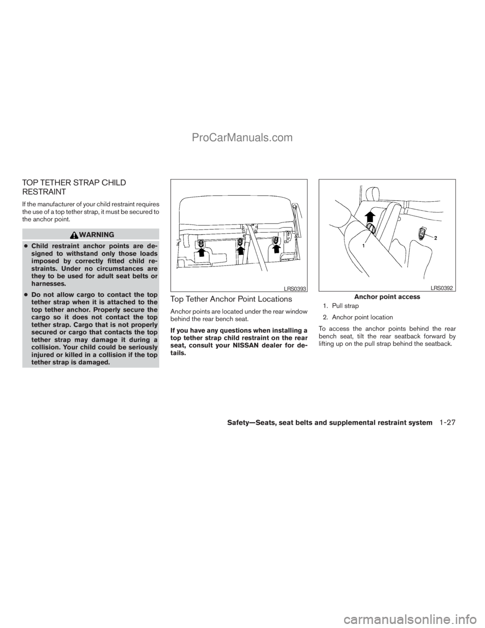 NISSAN TITAN 2008  Owners Manual TOP TETHER STRAP CHILD
RESTRAINT
If the manufacturer of your child restraint requires
the use of a top tether strap, it must be secured to
the anchor point.
WARNING
cChild restraint anchor points are 
