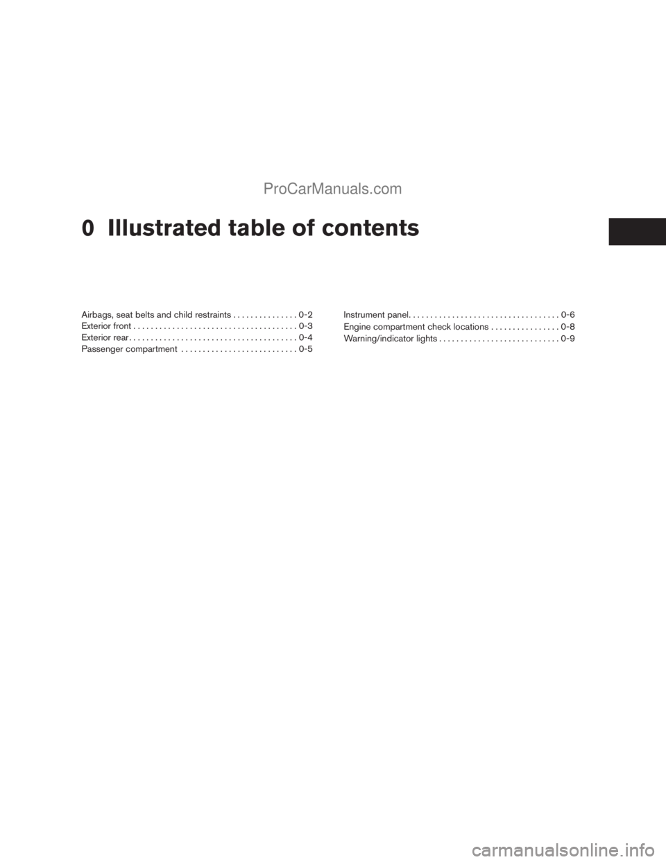 NISSAN TITAN 2008  Owners Manual 0 Illustrated table of contents
Airbags, seat belts and child restraints...............0-2
Exterior front......................................0-3
Exterior rear.......................................0