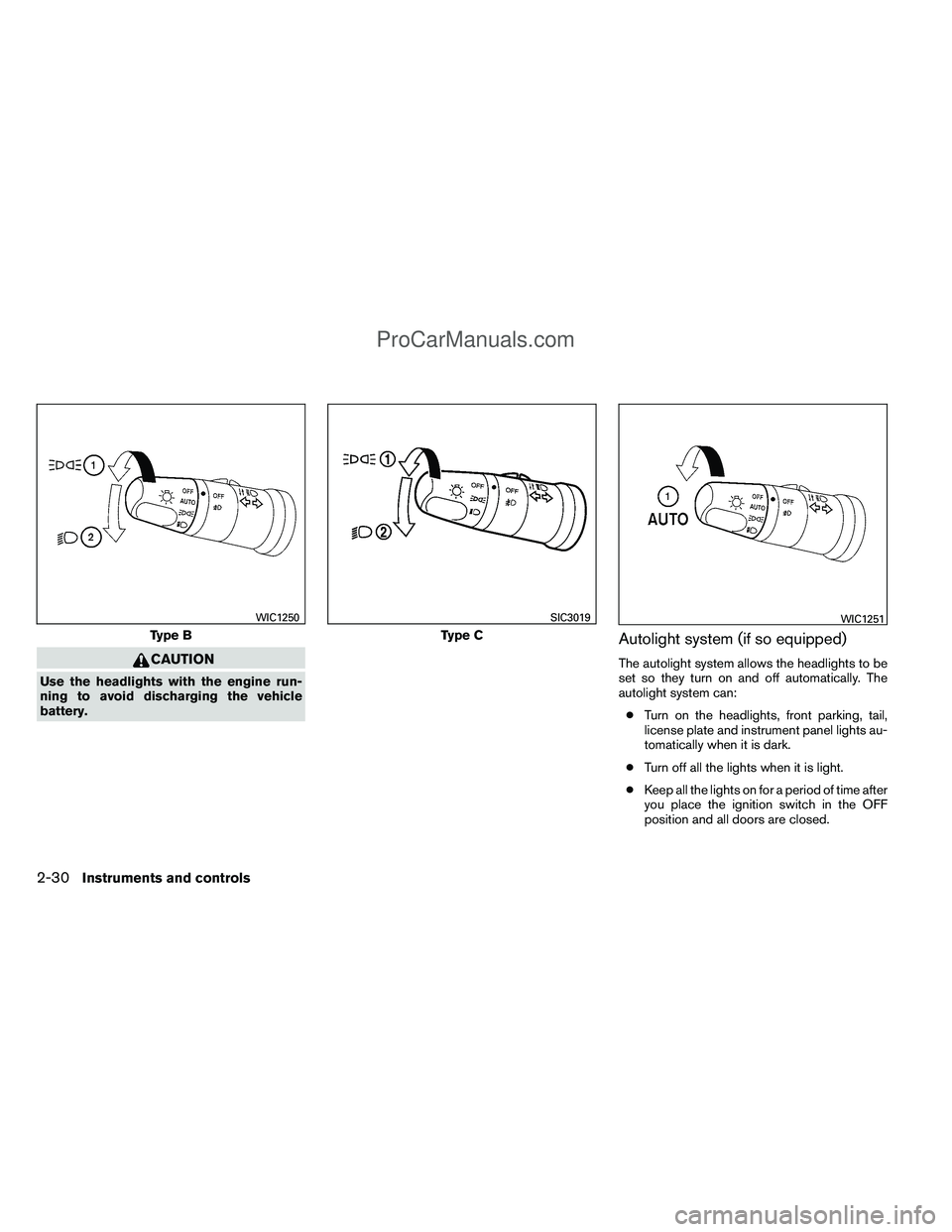 NISSAN TITAN 2012  Owners Manual CAUTION
Use the headlights with the engine run-
ning to avoid discharging the vehicle
battery.
Autolight system (if so equipped)
The autolight system allows the headlights to be
set so they turn on an