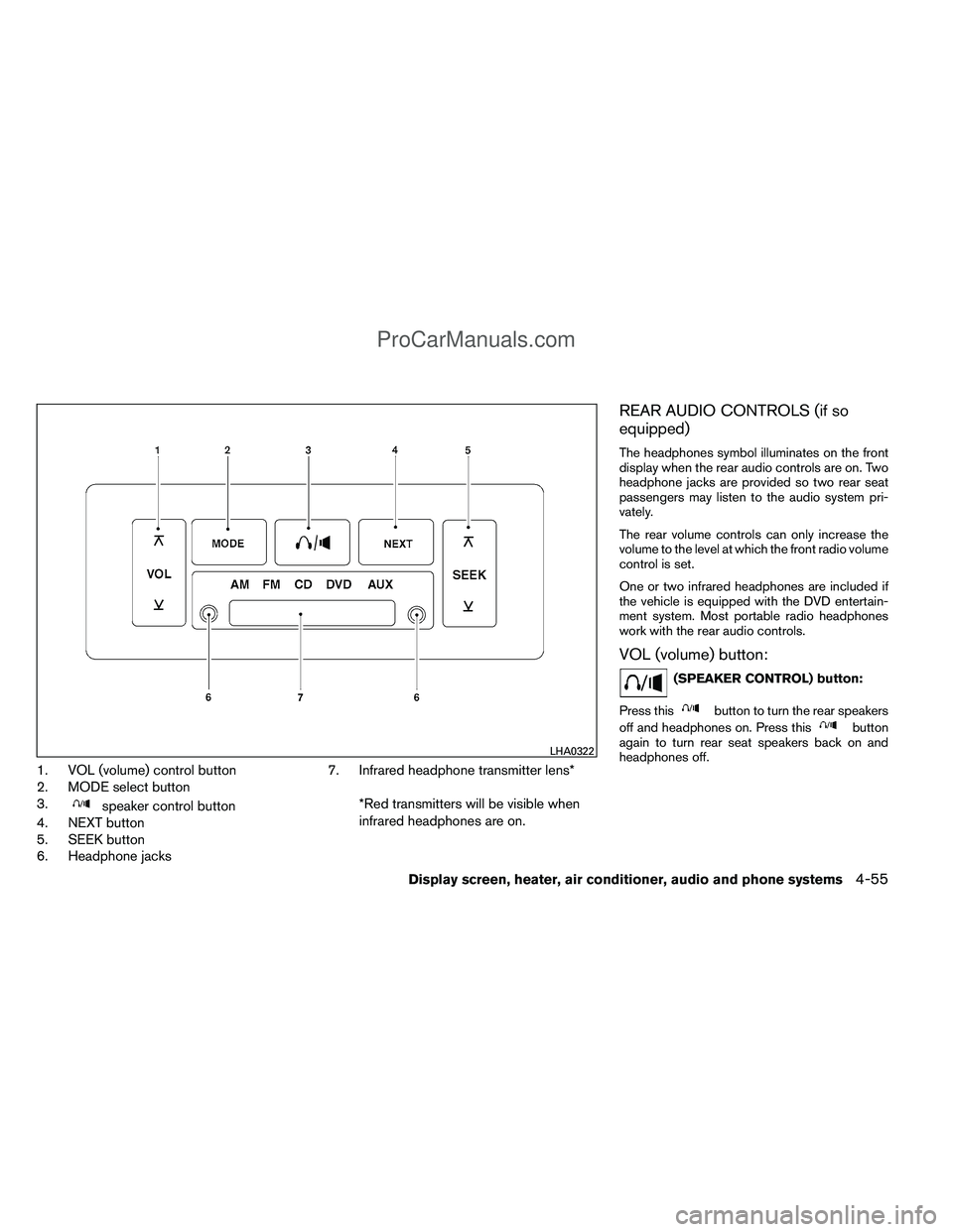 NISSAN TITAN 2012 Owners Manual 1. VOL (volume) control button
2. MODE select button
3.
speaker control button
4. NEXT button
5. SEEK button
6. Headphone jacks 7. Infrared headphone transmitter lens*
*Red transmitters will be visibl NISSAN TITAN 2012 Owners Manual 1. VOL (volume) control button
2. MODE select button
3.
speaker control button
4. NEXT button
5. SEEK button
6. Headphone jacks 7. Infrared headphone transmitter lens*
*Red transmitters will be visibl