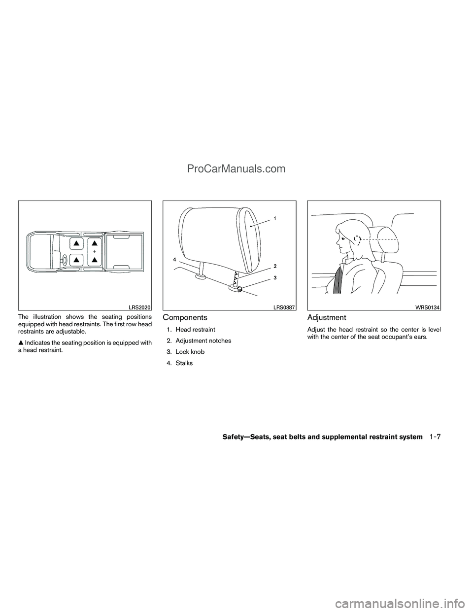 NISSAN TITAN 2012 Owners Manual The illustration shows the seating positions
equipped with head restraints. The first row head
restraints are adjustable.
Indicates the seating position is equipped with
a head restraint.Components
1