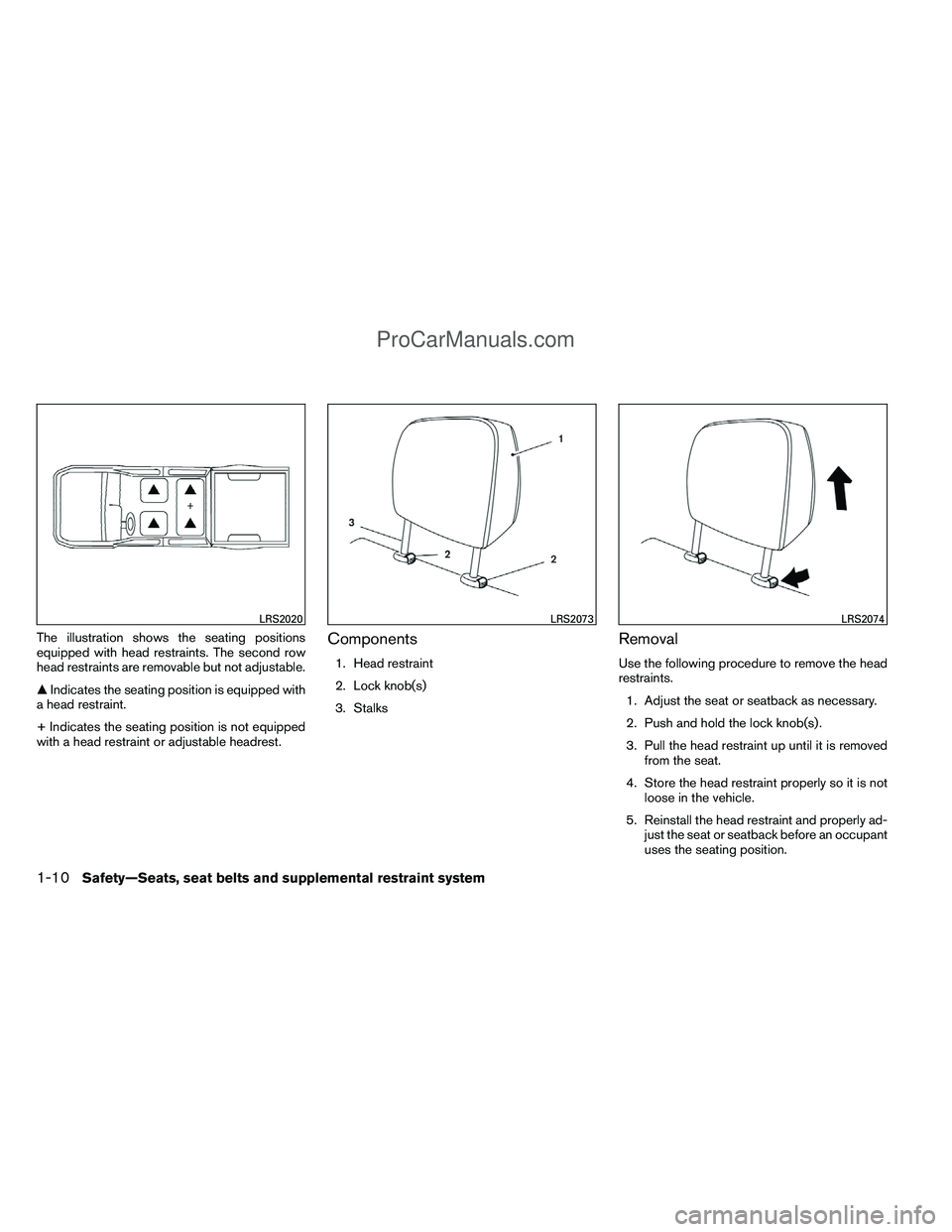 NISSAN TITAN 2012 Owners Manual The illustration shows the seating positions
equipped with head restraints. The second row
head restraints are removable but not adjustable.
Indicates the seating position is equipped with
a head res