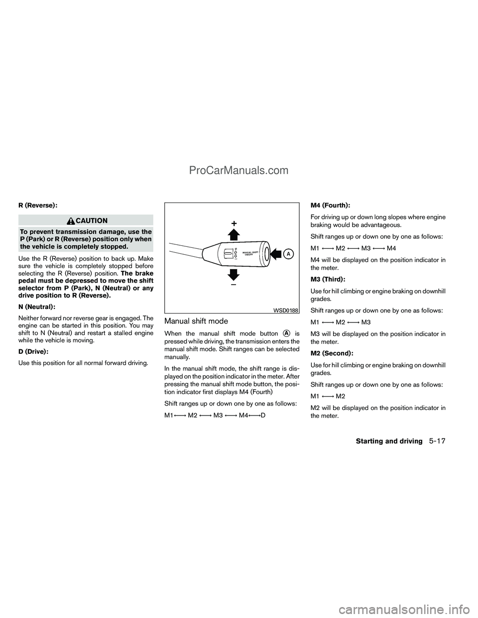 NISSAN TITAN 2012 Owners Manual R (Reverse):
CAUTION
To prevent transmission damage, use the
P (Park) or R (Reverse) position only when
the vehicle is completely stopped.
Use the R (Reverse) position to back up. Make
sure the vehicl NISSAN TITAN 2012 Owners Manual R (Reverse):
CAUTION
To prevent transmission damage, use the
P (Park) or R (Reverse) position only when
the vehicle is completely stopped.
Use the R (Reverse) position to back up. Make
sure the vehicl