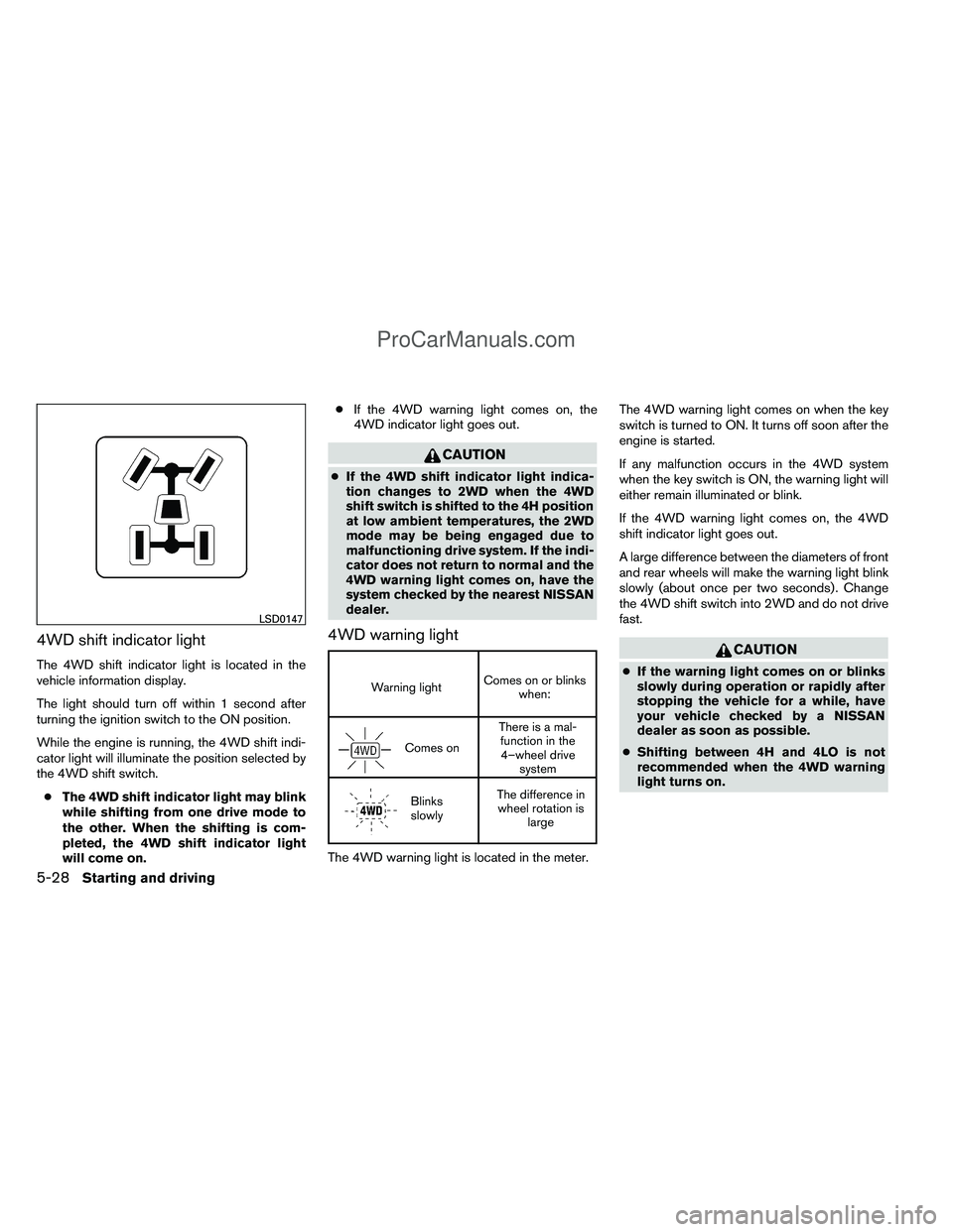 NISSAN TITAN 2012  Owners Manual 4WD shift indicator light
The 4WD shift indicator light is located in the
vehicle information display.
The light should turn off within 1 second after
turning the ignition switch to the ON position.
W