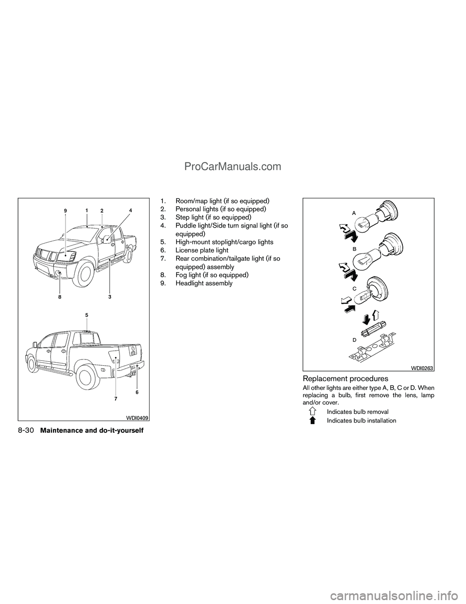 NISSAN TITAN 2012  Owners Manual 1. Room/map light (if so equipped)
2. Personal lights (if so equipped)
3. Step light (if so equipped)
4. Puddle light/Side turn signal light (if soequipped)
5. High-mount stoplight/cargo lights
6. Lic