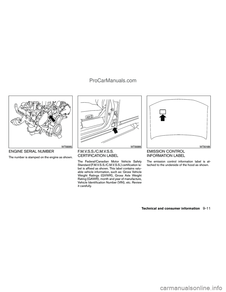 NISSAN TITAN 2012  Owners Manual ENGINE SERIAL NUMBER
The number is stamped on the engine as shown.
F.M.V.S.S./C.M.V.S.S.
CERTIFICATION LABEL
The Federal/Canadian Motor Vehicle Safety
Standard (F.M.V.S.S./C.M.V.S.S.) certification la