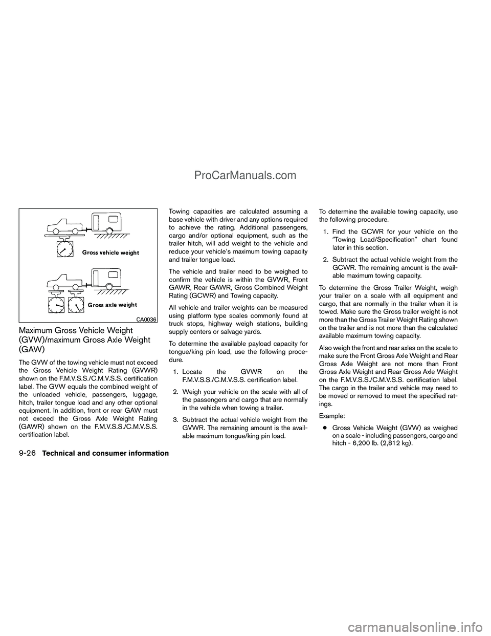 NISSAN TITAN 2012  Owners Manual Maximum Gross Vehicle Weight
(GVW)/maximum Gross Axle Weight
(GAW)
The GVW of the towing vehicle must not exceed
the Gross Vehicle Weight Rating (GVWR)
shown on the F.M.V.S.S./C.M.V.S.S. certification