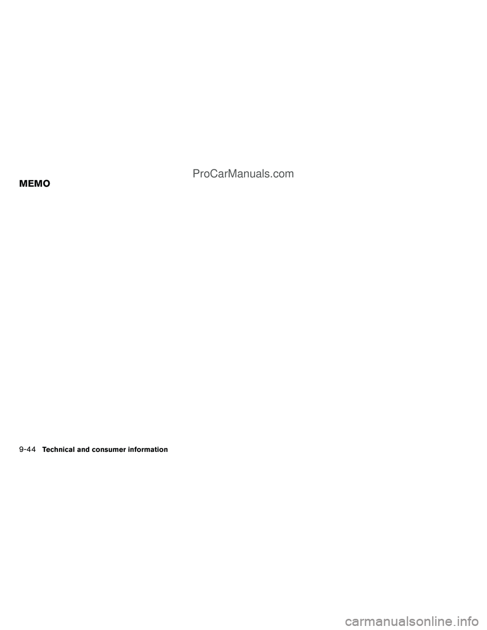 NISSAN TITAN 2012  Owners Manual MEMO
9-44Technical and consumer information
ProCarManuals.com 
