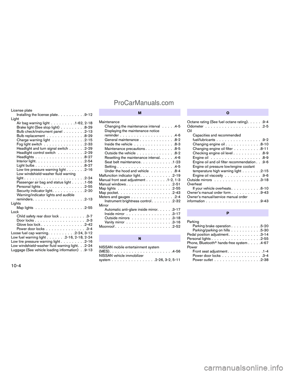 NISSAN TITAN 2012  Owners Manual License plateInstalling the license plate ..........9-12
Light Air bag warning light .........1-62, 2-18
Brake light (See stop light) .........8-29
Bulb check/instrument panel ........2-13
Bulb replac