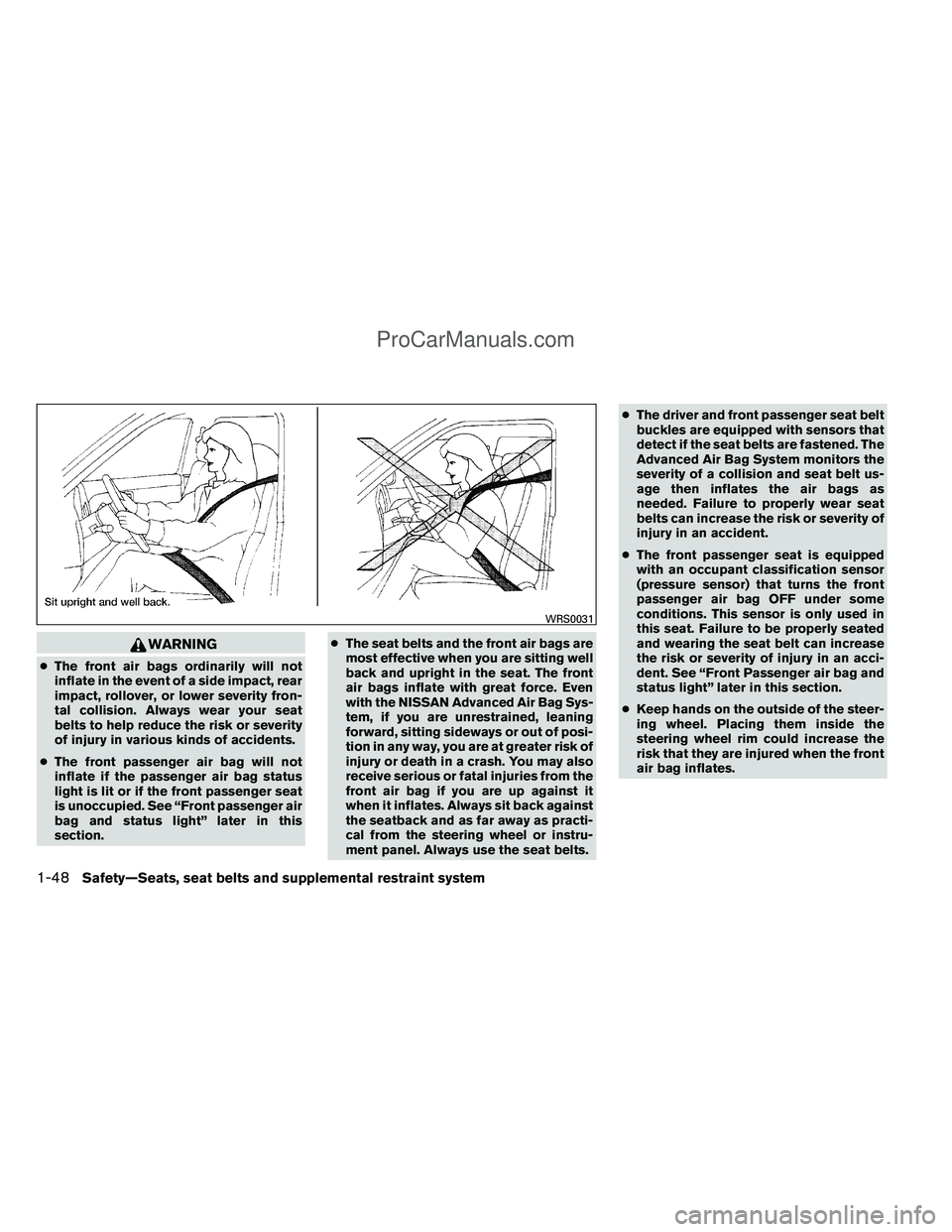 NISSAN TITAN 2012 Repair Manual WARNING
●The front air bags ordinarily will not
inflate in the event of a side impact, rear
impact, rollover, or lower severity fron-
tal collision. Always wear your seat
belts to help reduce the ri