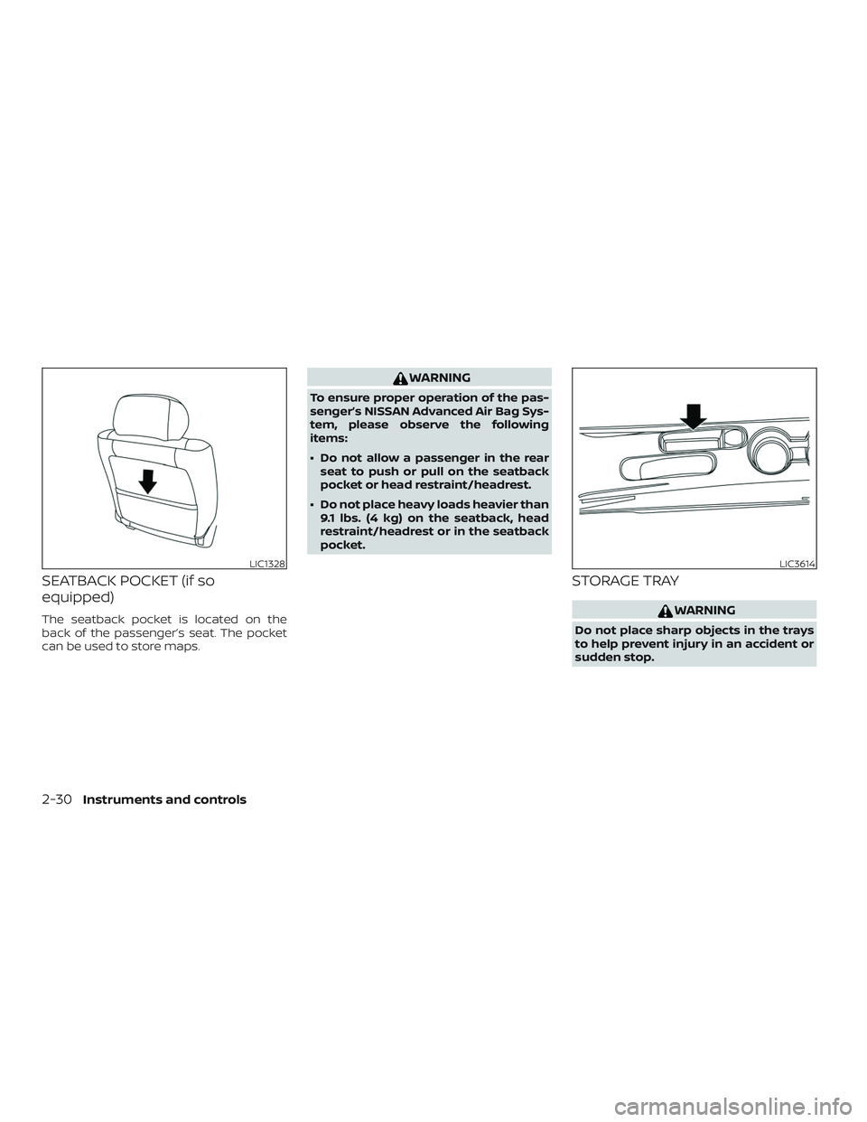 NISSAN VERSA 2019  Owners Manual SEATBACK POCKET (if so
equipped)
The seatback pocket is located on the
back of the passenger’s seat. The pocket
can be used to store maps.
WARNING
To ensure proper operation of the pas-
senger’s N