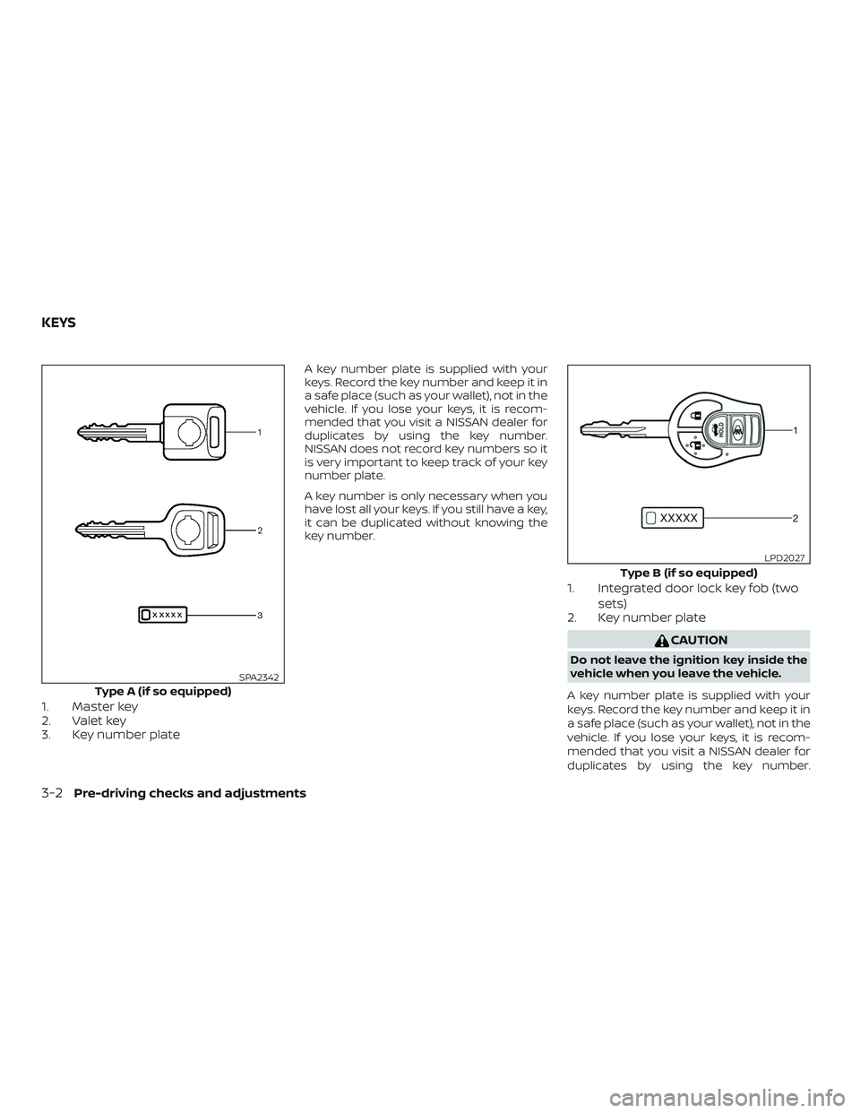 NISSAN VERSA 2019  Owners Manual 1. Master key
2. Valet key
3. Key number plate
A key number plate is supplied with your
keys. Record the key number and keep it in
a safe place (such as your wallet), not in the
vehicle. If you lose y