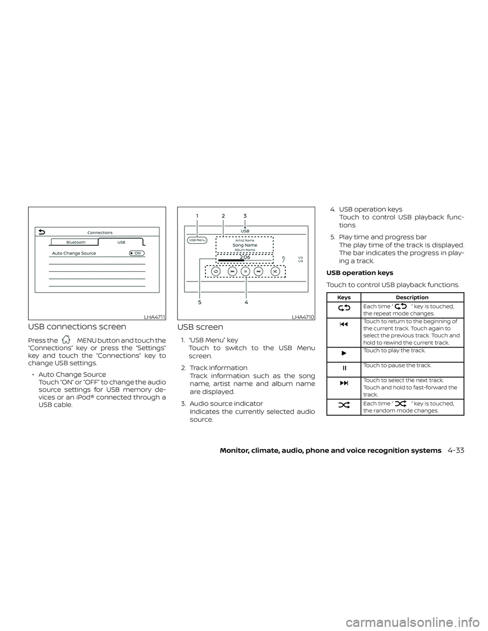NISSAN VERSA 2019 Owners Manual USB connections screen
Press theMENU button and touch the
“Connections” key or press the “Settings”
key and touch the “Connections” key to
change USB settings.
∙ Auto Change Source Touch NISSAN VERSA 2019 Owners Manual USB connections screen
Press theMENU button and touch the
“Connections” key or press the “Settings”
key and touch the “Connections” key to
change USB settings.
∙ Auto Change Source Touch