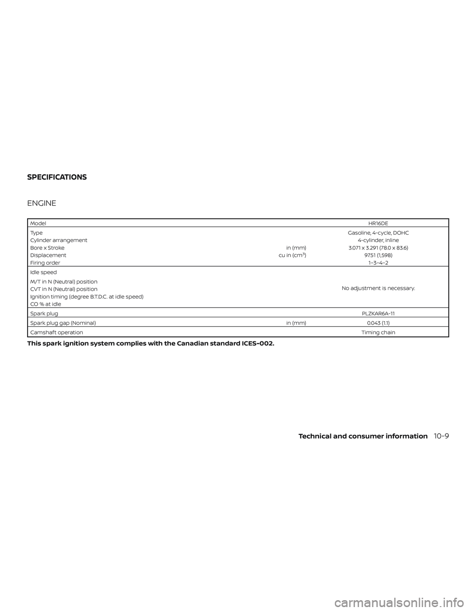 NISSAN VERSA 2019  Owners Manual ENGINE
ModelHR16DE
Type Gasoline, 4-cycle, DOHC
Cylinder arrangement 4-cylinder, inline
Bore x Stroke in (mm)3.071 x 3.291 (78.0 x 83.6)
Displacement cu in (cm
3)97.51 (1,598)
Firing order 1–3–4