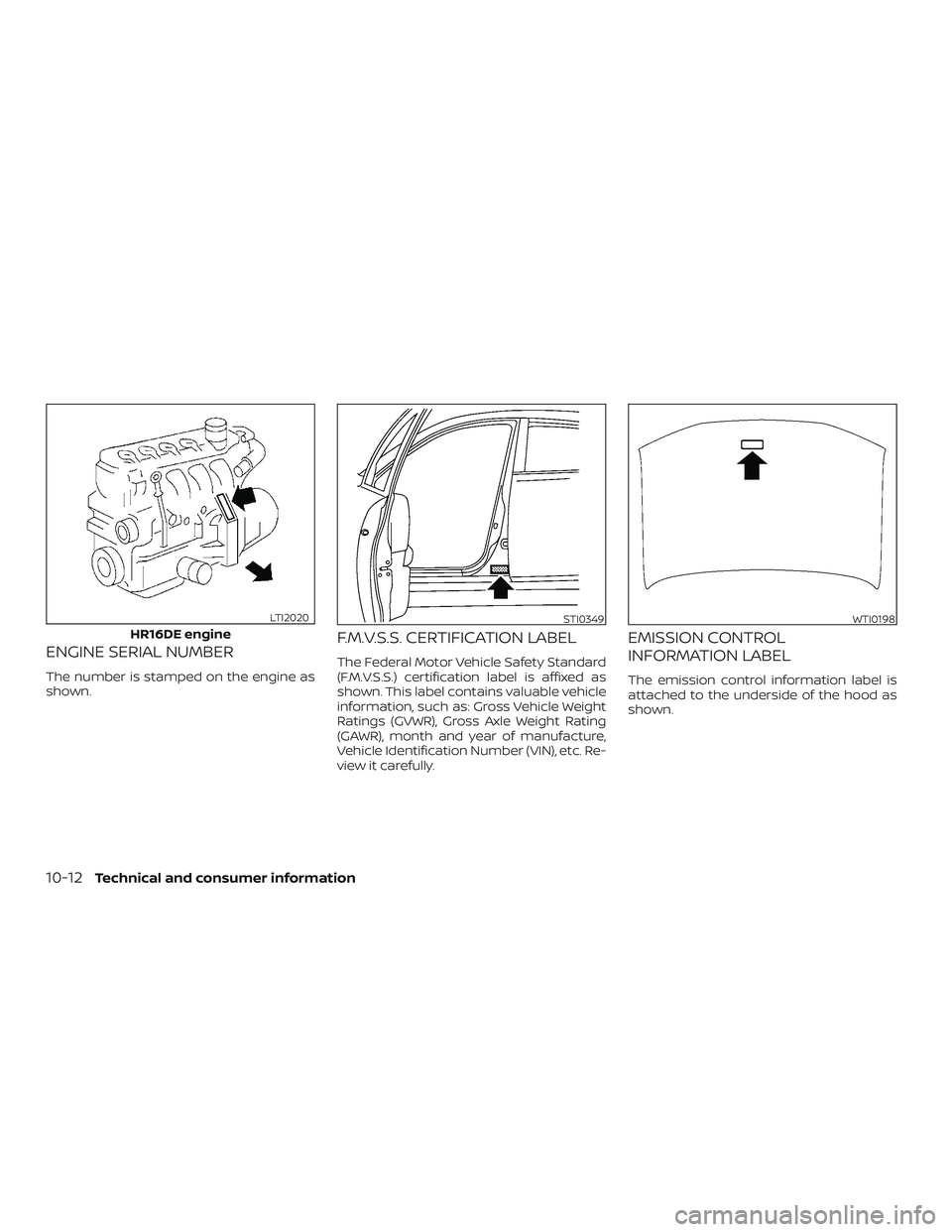 NISSAN VERSA 2019  Owners Manual ENGINE SERIAL NUMBER
The number is stamped on the engine as
shown.
F.M.V.S.S. CERTIFICATION LABEL
The Federal Motor Vehicle Safety Standard
(F.M.V.S.S.) certification label is affixed as
shown. This l