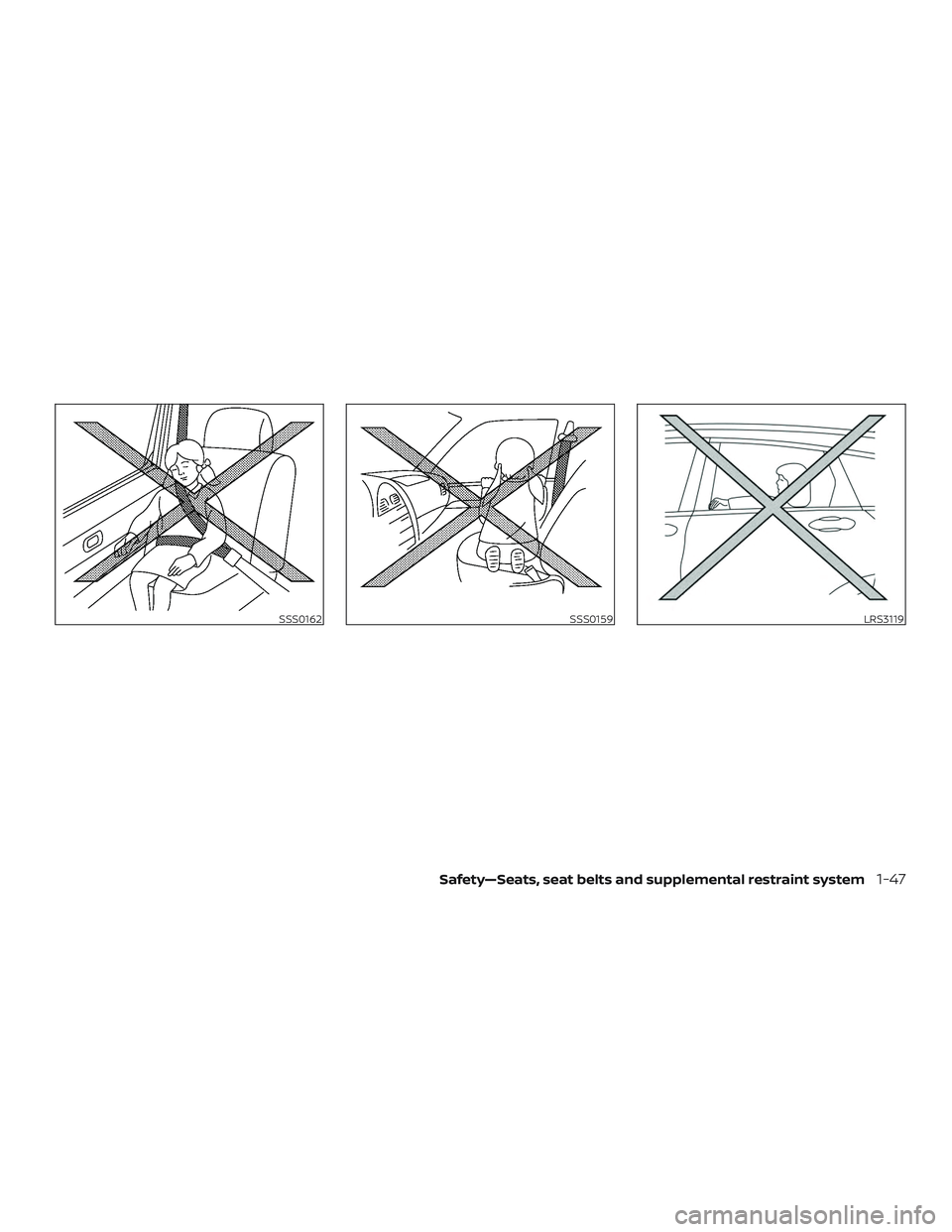 NISSAN VERSA 2019 Repair Manual SSS0162SSS0159LRS3119
Safety—Seats, seat belts and supplemental restraint system1-47 NISSAN VERSA 2019 Repair Manual SSS0162SSS0159LRS3119
Safety—Seats, seat belts and supplemental restraint system1-47