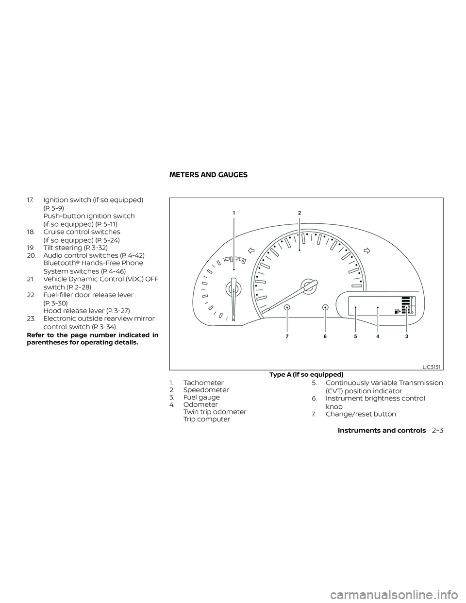 NISSAN VERSA 2019  Owners Manual 17. Ignition switch (if so equipped)(P. 5-9)
Push-button ignition switch
(if so equipped) (P. 5-11)
18. Cruise control switches
(if so equipped) (P. 5-24)
19. Tilt steering (P. 3-32)
20. Audio control
