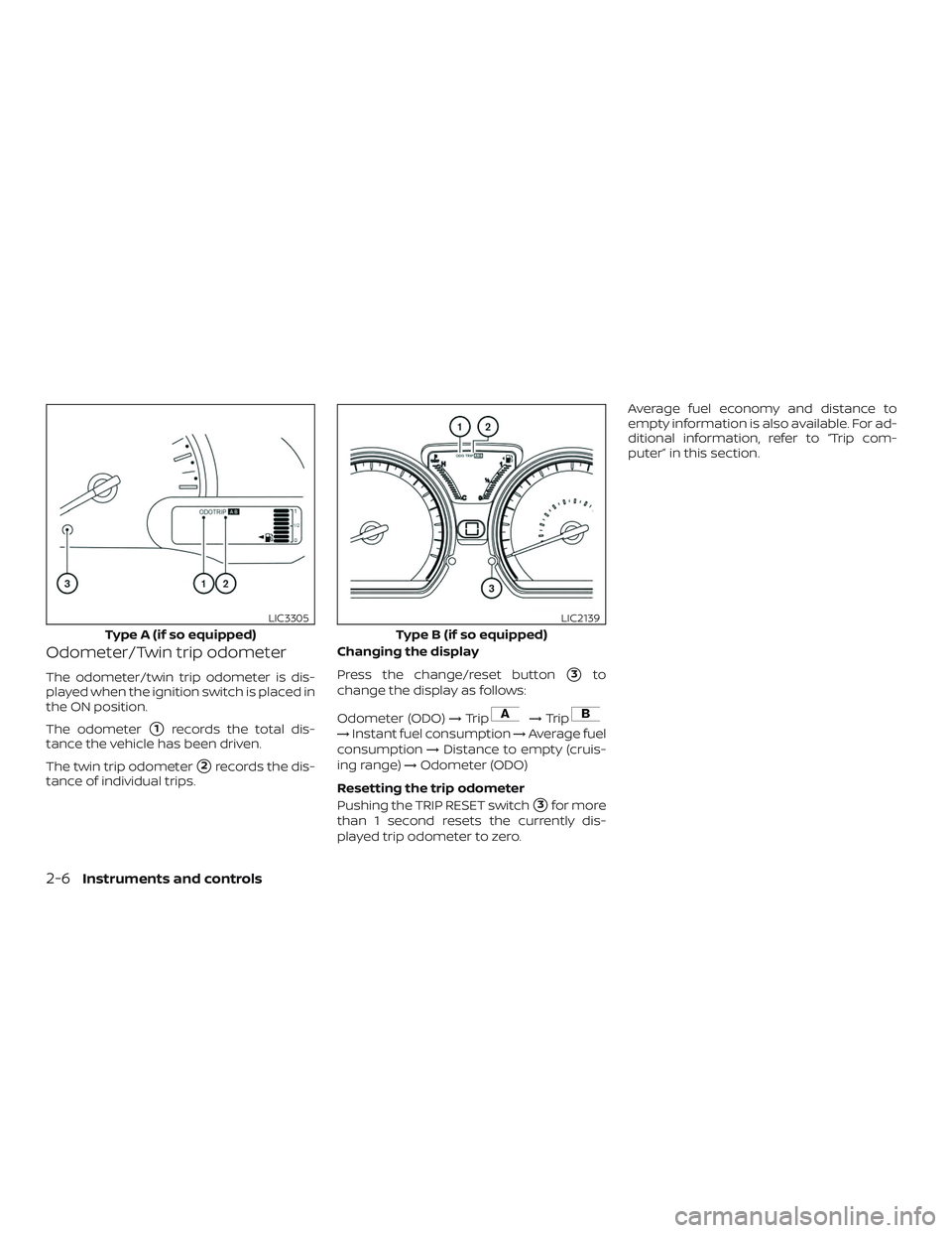 NISSAN VERSA 2019 Manual Online Odometer/Twin trip odometer
The odometer/twin trip odometer is dis-
played when the ignition switch is placed in
the ON position.
The odometer
1records the total dis-
tance the vehicle has been drive