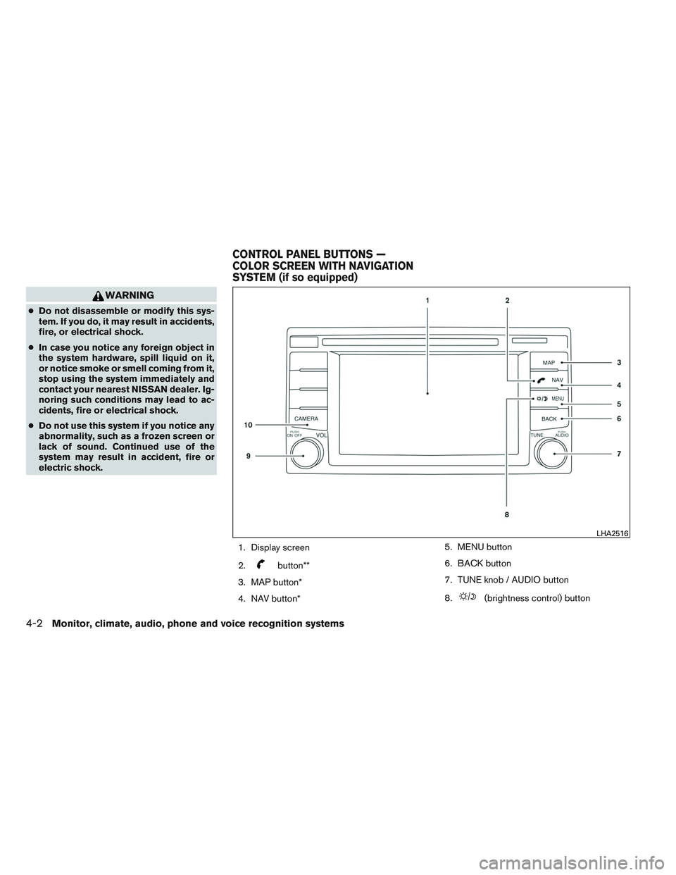 NISSAN VERSA 2014  Owners Manual WARNING
●Do not disassemble or modify this sys-
tem. If you do, it may result in accidents,
fire, or electrical shock.
● In case you notice any foreign object in
the system hardware, spill liquid 