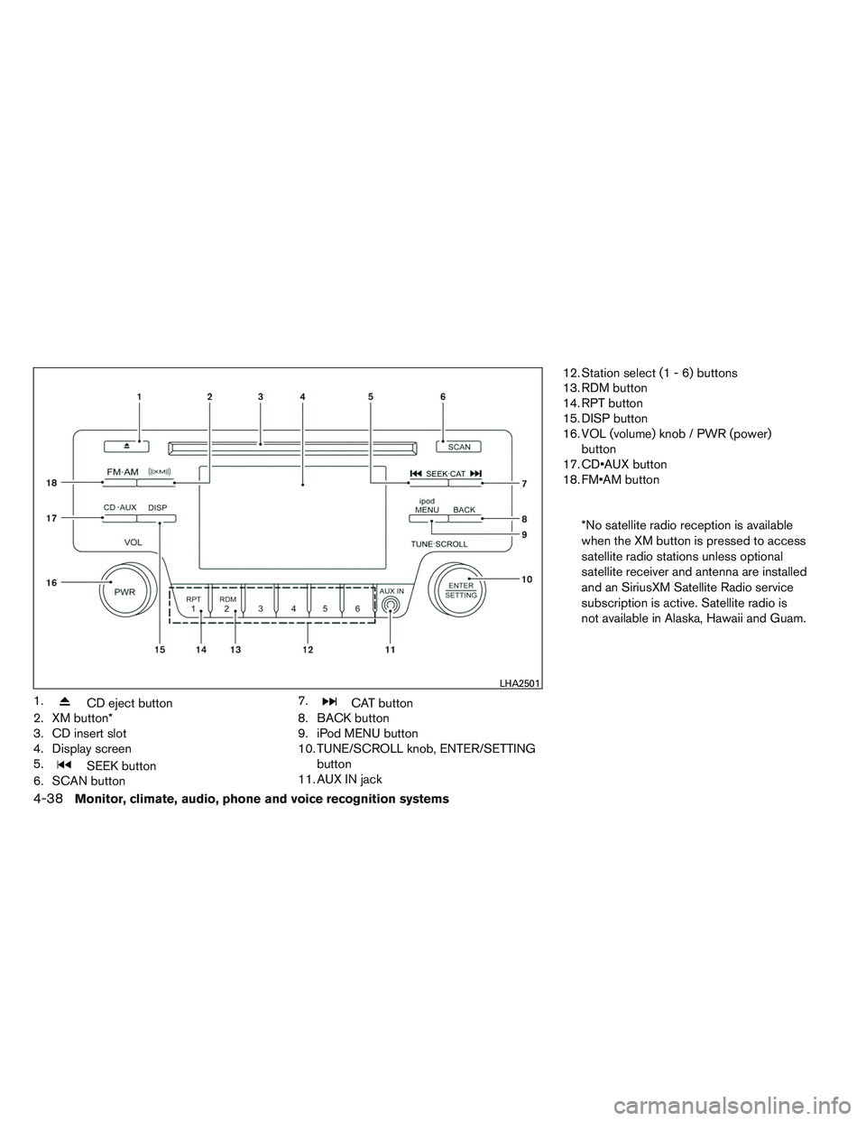 NISSAN VERSA 2014 Owners Manual 1.CD eject button
2. XM button*
3. CD insert slot
4. Display screen
5.
SEEK button
6. SCAN button 7.
CAT button
8. BACK button
9. iPod MENU button
10. TUNE/SCROLL knob, ENTER/SETTING
button
11. AUX IN NISSAN VERSA 2014 Owners Manual 1.CD eject button
2. XM button*
3. CD insert slot
4. Display screen
5.
SEEK button
6. SCAN button 7.
CAT button
8. BACK button
9. iPod MENU button
10. TUNE/SCROLL knob, ENTER/SETTING
button
11. AUX IN