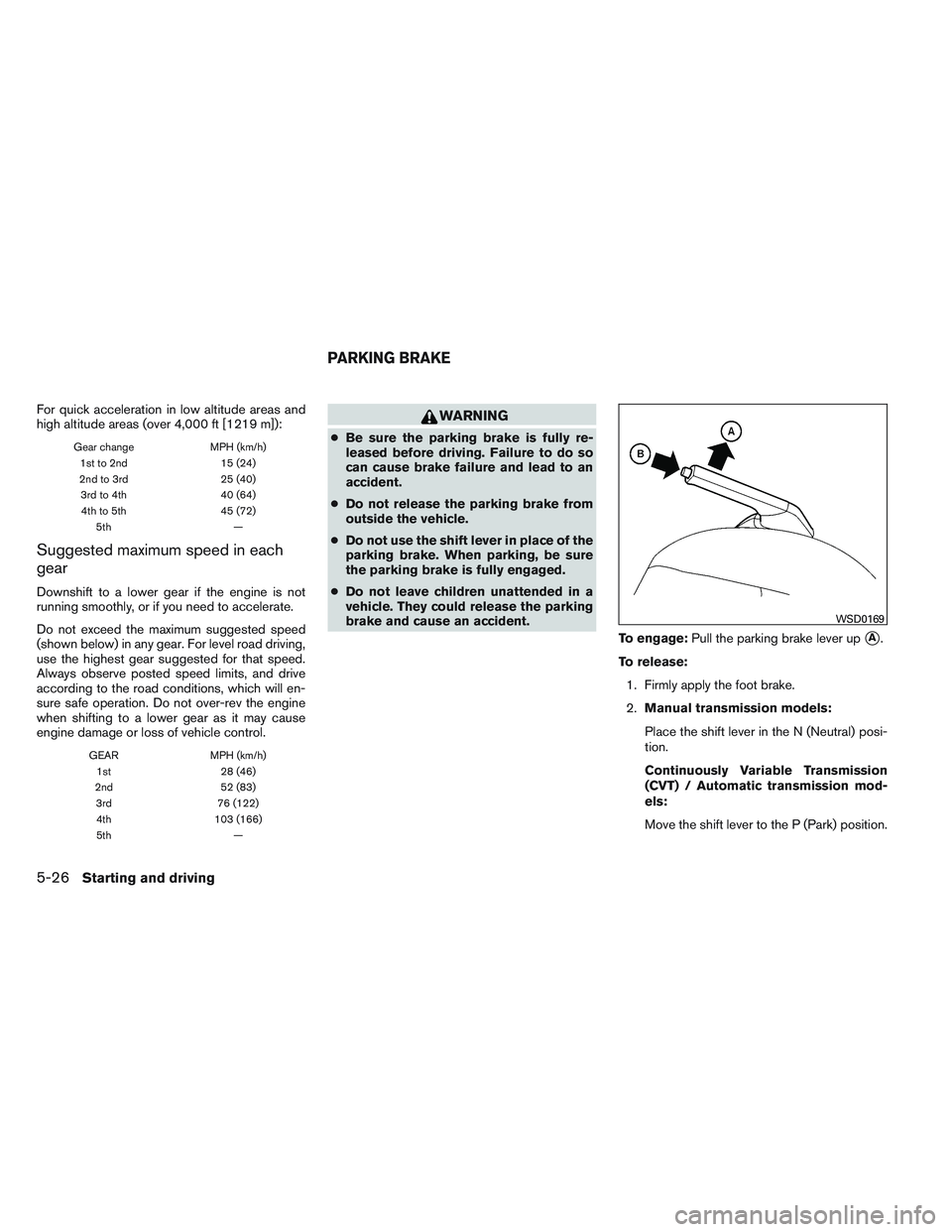 NISSAN VERSA 2014  Owners Manual For quick acceleration in low altitude areas and
high altitude areas (over 4,000 ft [1219 m]):
Gear changeMPH (km/h)
1st to 2nd 15 (24)
2nd to 3rd 25 (40)
3rd to 4th 40 (64)
4th to 5th 45 (72)
5th —