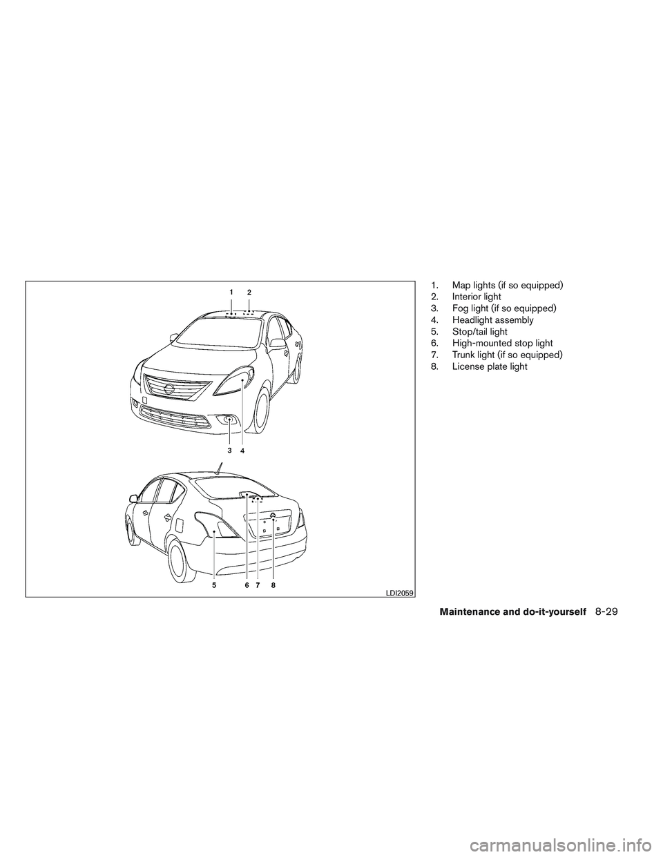 NISSAN VERSA 2014  Owners Manual 1. Map lights (if so equipped)
2. Interior light
3. Fog light (if so equipped)
4. Headlight assembly
5. Stop/tail light
6. High-mounted stop light
7. Trunk light (if so equipped)
8. License plate ligh