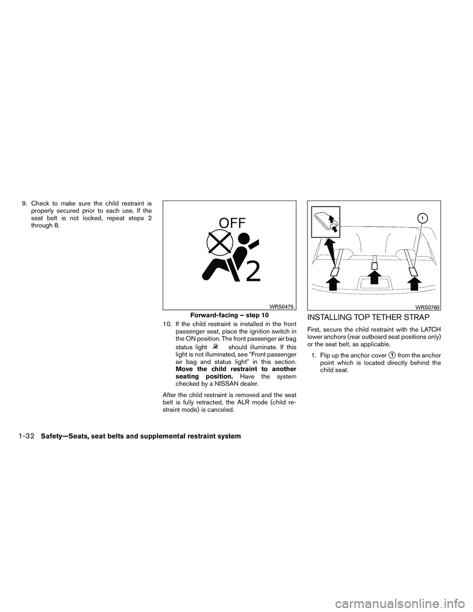 NISSAN VERSA 2014 Service Manual 9. Check to make sure the child restraint isproperly secured prior to each use. If the
seat belt is not locked, repeat steps 2
through 8.
10. If the child restraint is installed in the frontpassenger NISSAN VERSA 2014 Service Manual 9. Check to make sure the child restraint isproperly secured prior to each use. If the
seat belt is not locked, repeat steps 2
through 8.
10. If the child restraint is installed in the frontpassenger