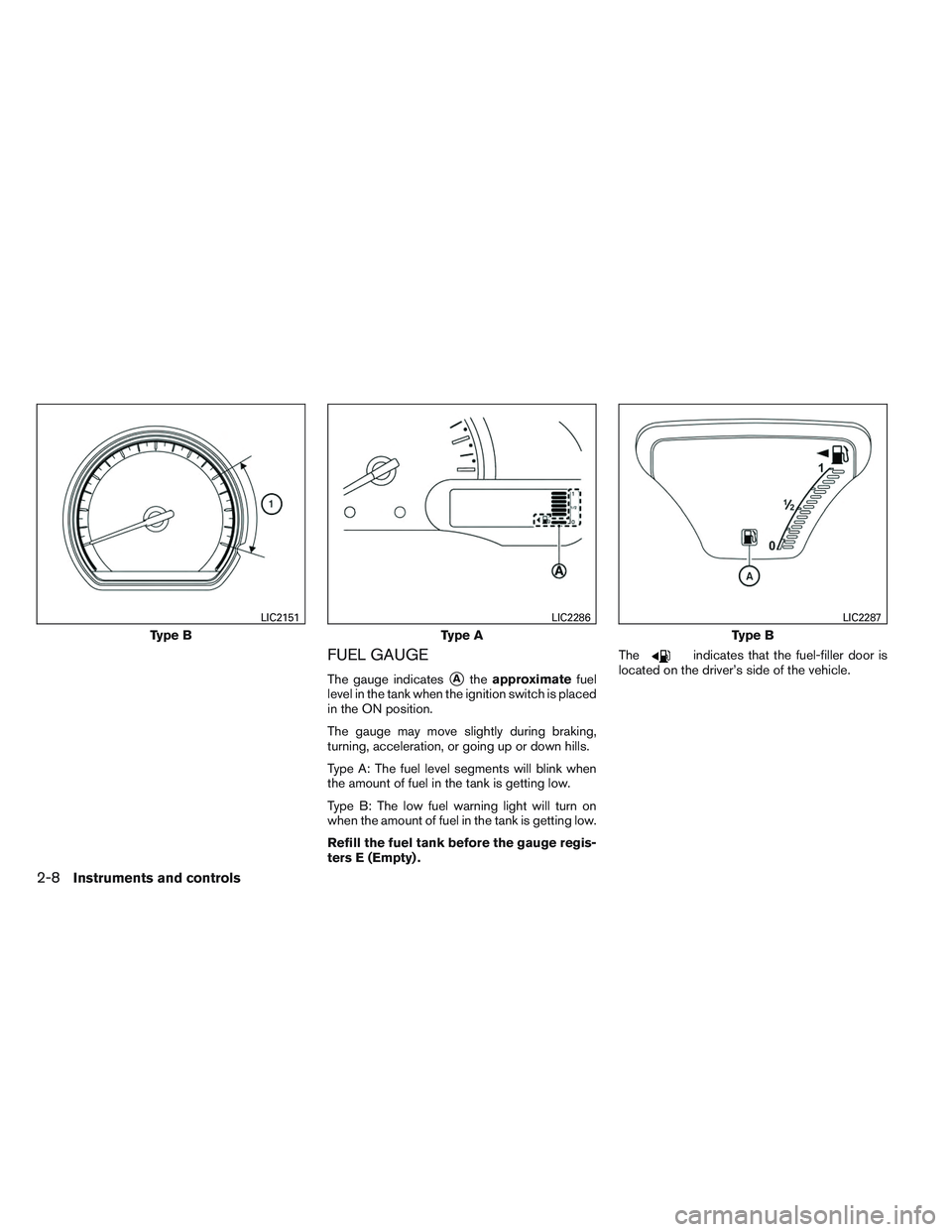 NISSAN VERSA 2014 Manual PDF FUEL GAUGE
The gauge indicatesAtheapproximate fuel
level in the tank when the ignition switch is placed
in the ON position.
The gauge may move slightly during braking,
turning, acceleration, or going
